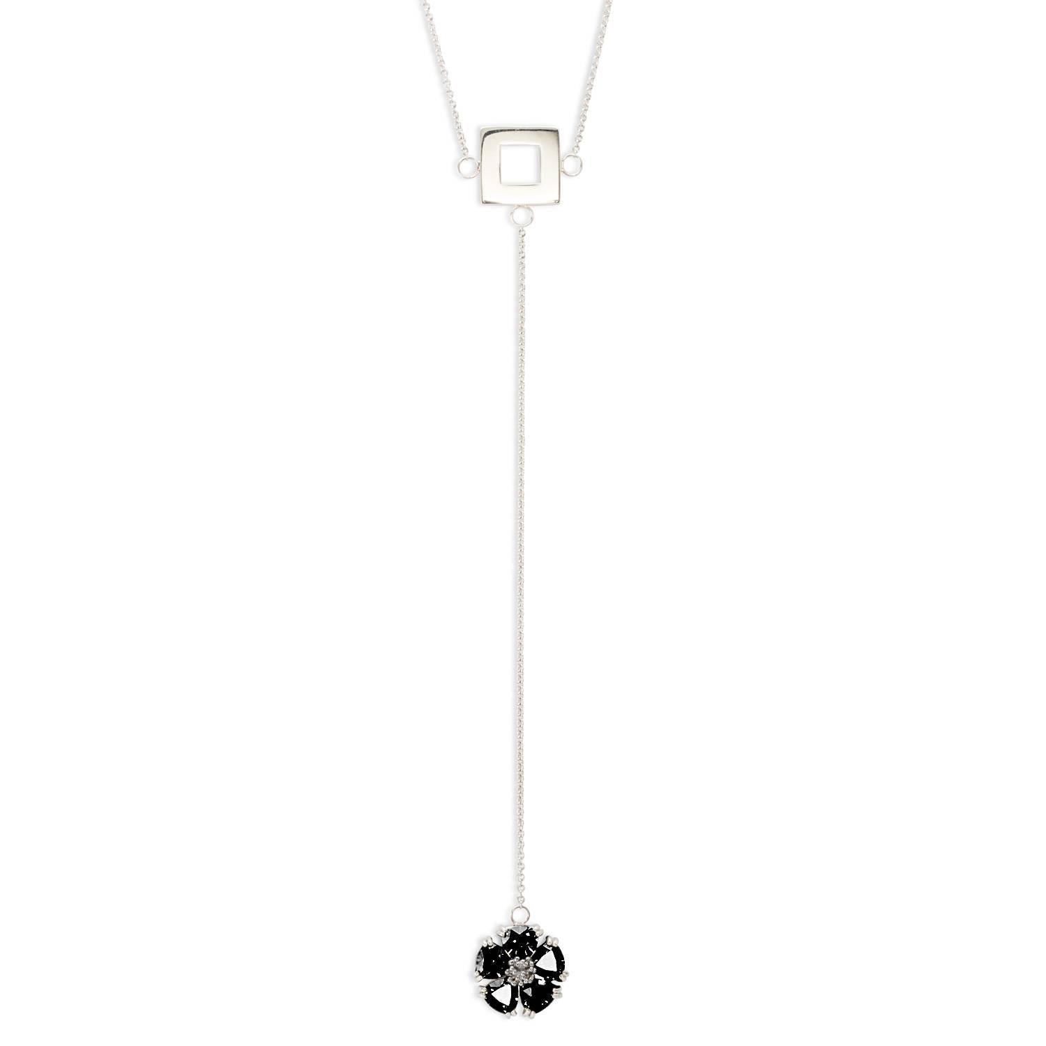 Black Sapphire Blossom Stone and Square Lariat Necklace For Sale