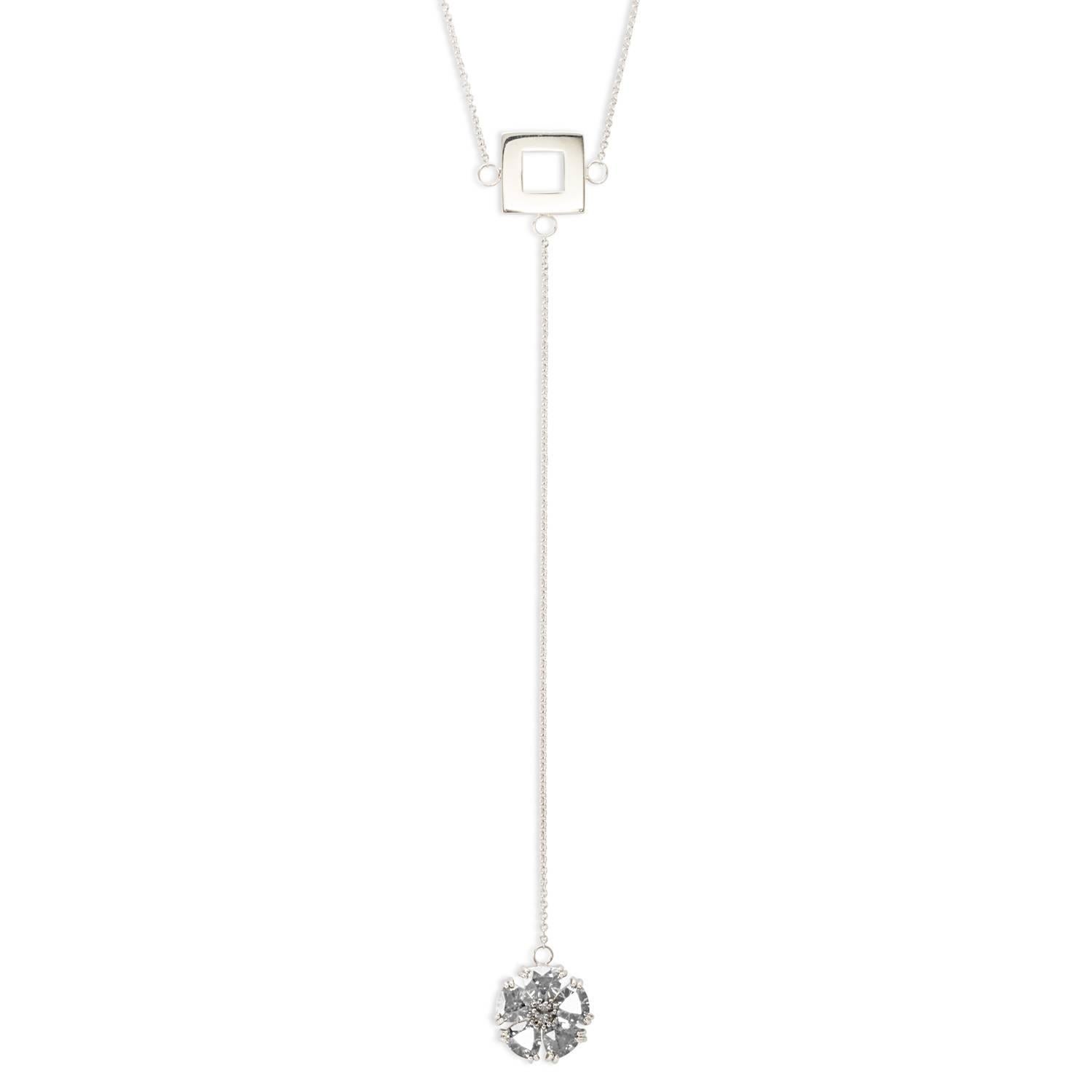 White Topaz Blossom Stone and Square Lariat Necklace For Sale