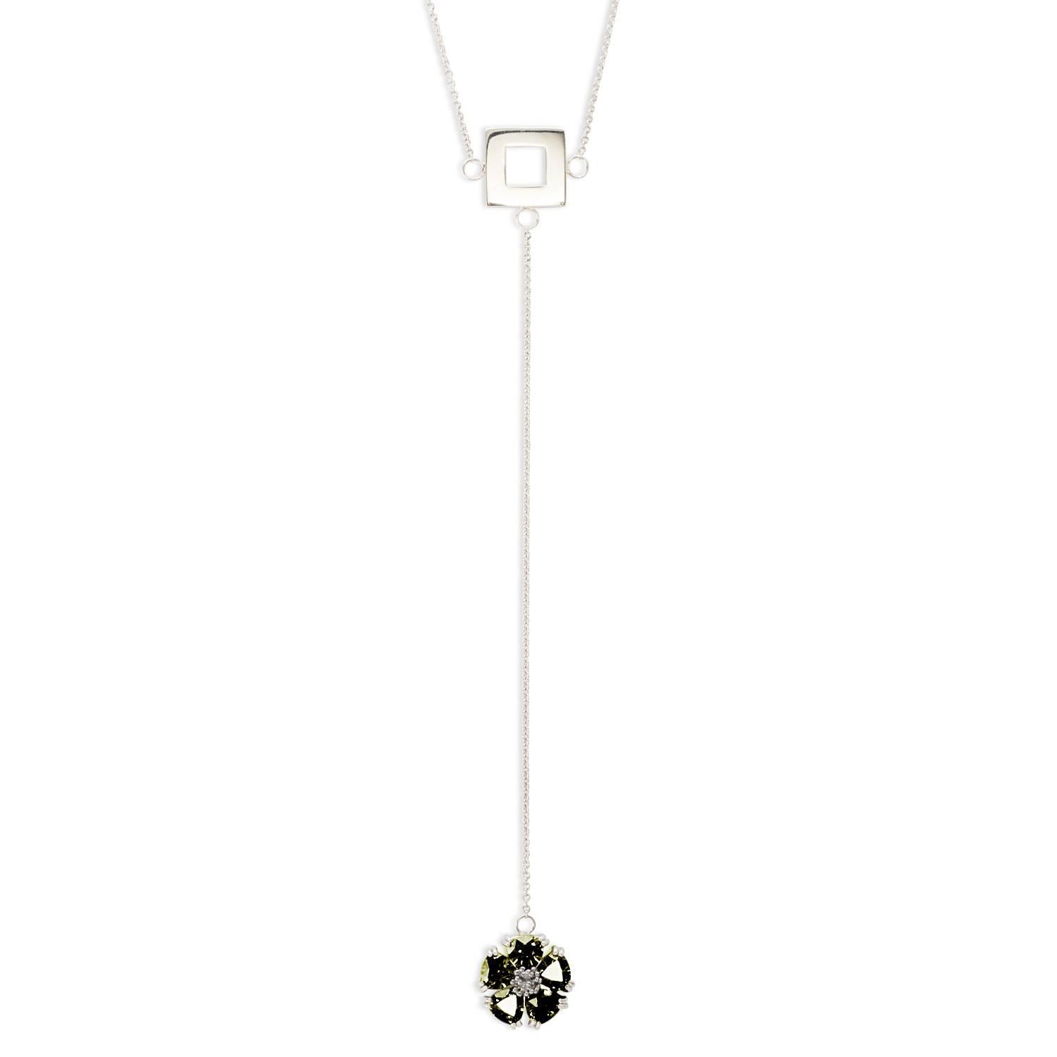 Olive Peridot Blossom Stone and Square Lariat Necklace For Sale