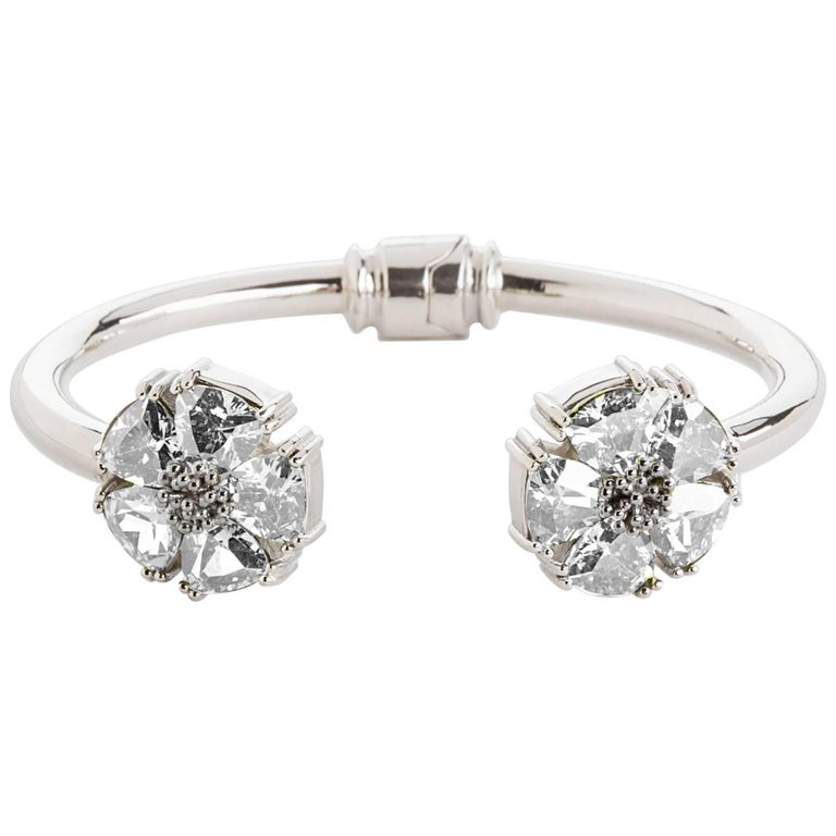 .925 Sterling Silver White Sapphire M/L Blossom Stone Hinge Bracelet For Sale