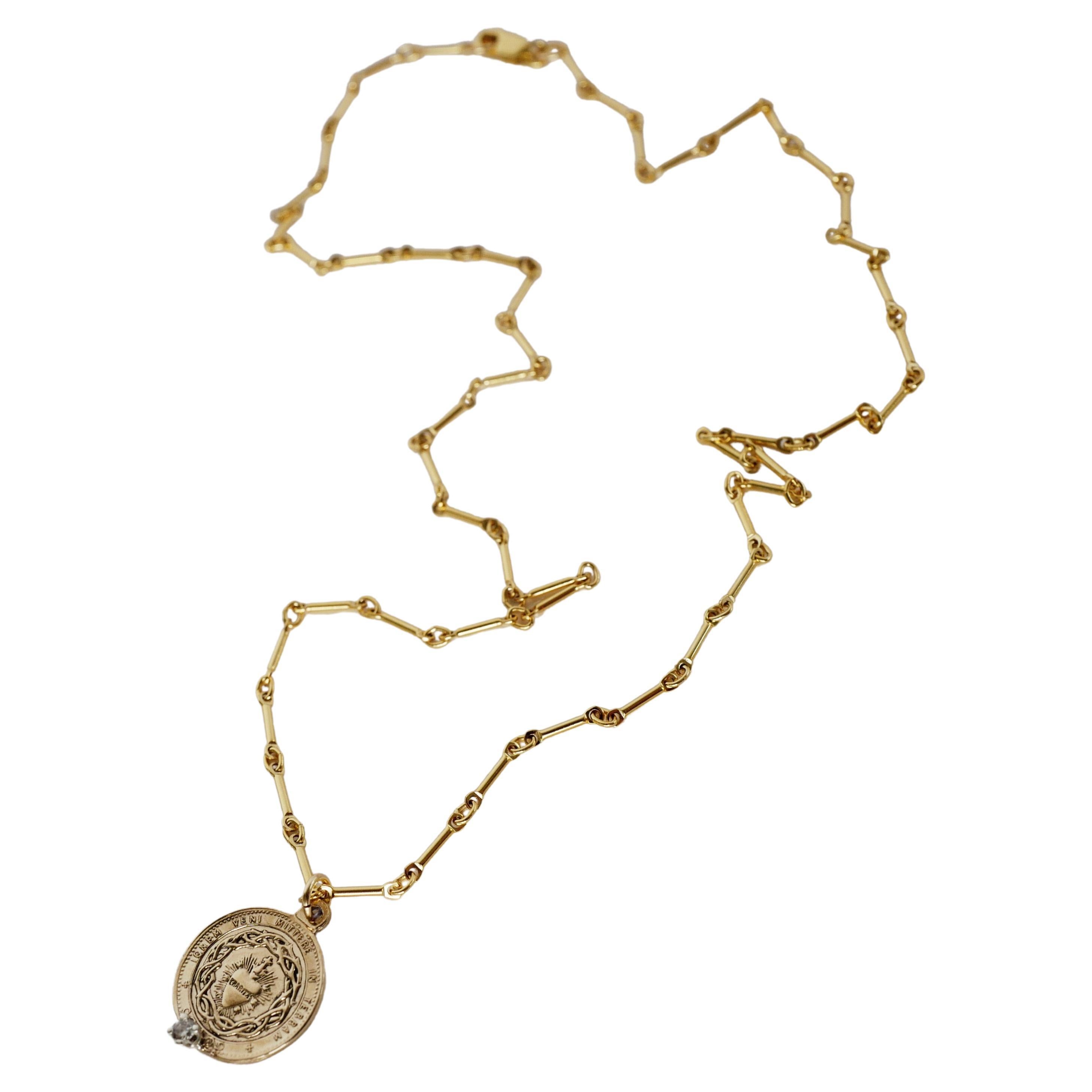 White Diamond Sacred Heart Coin Medal Pendant Gold Filled Chain Necklace For Sale