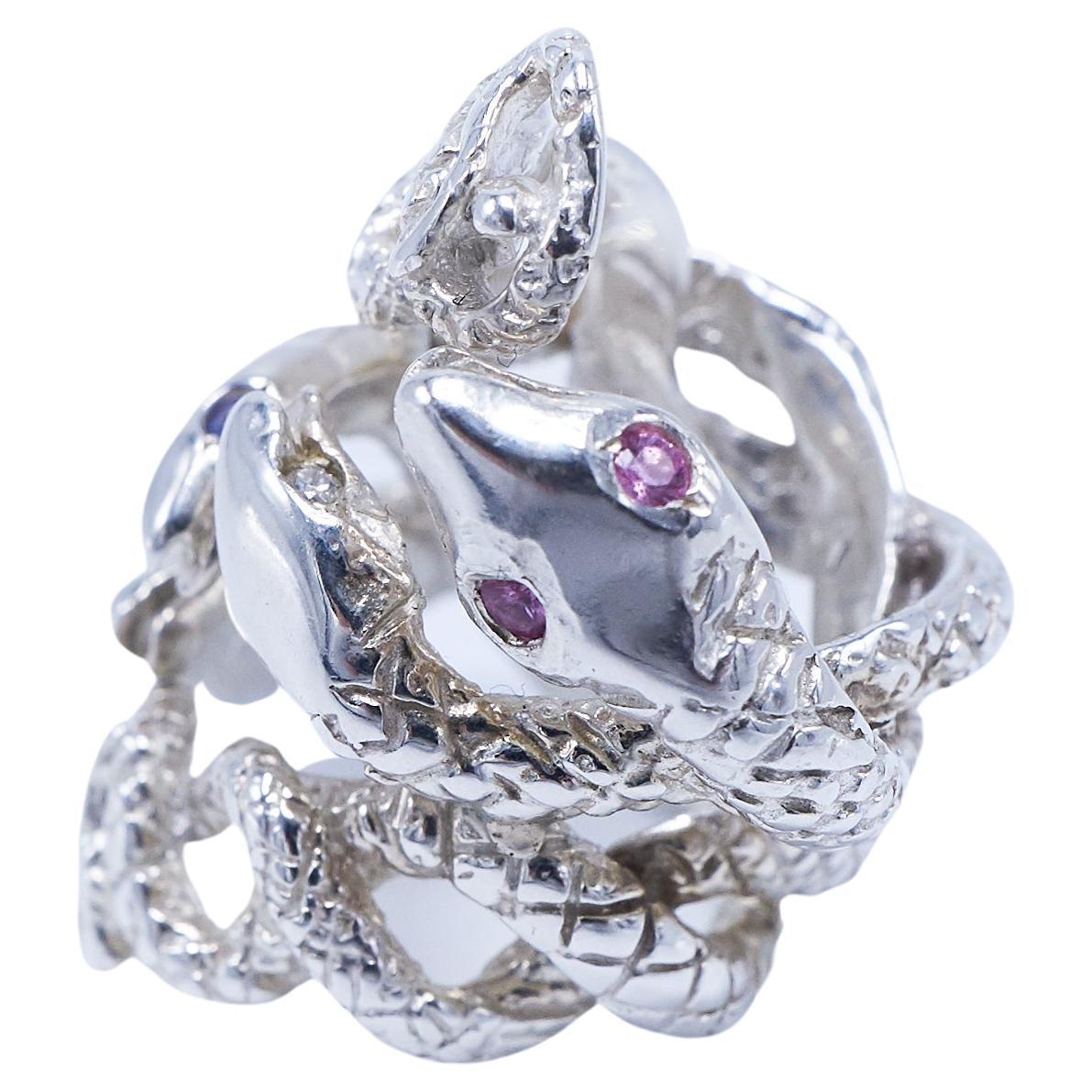 Tanzanite émeraude, diamant blanc, saphir et émeraude  J Dauphin, bague serpent en argent sterling