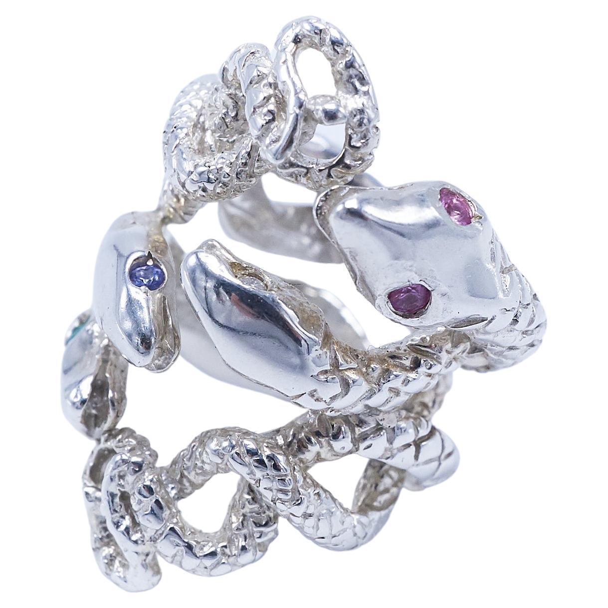 Pink Sapphire Diamond Emerald Snake Ring Sterling Silver Cocktail Ring J Dauphin