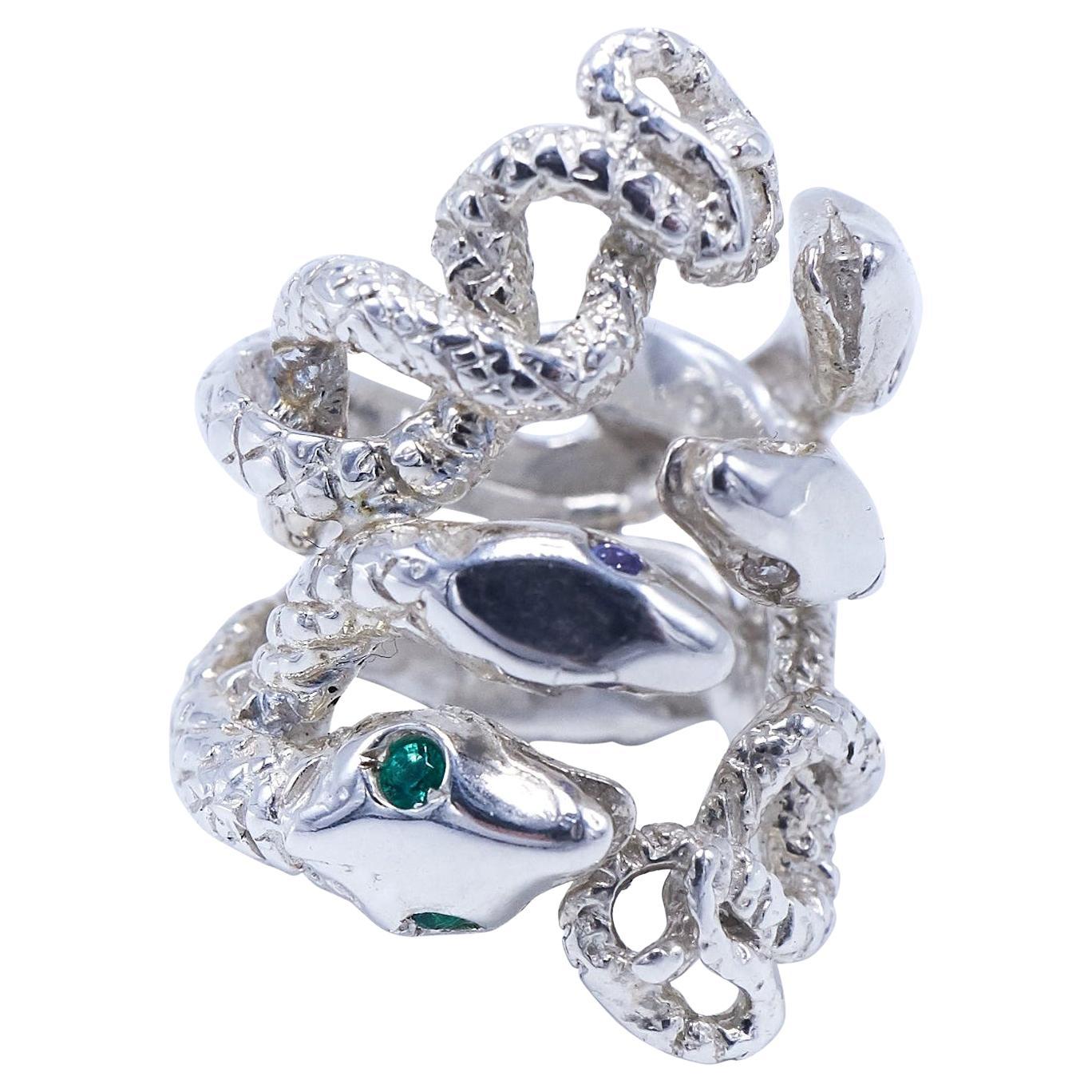 Diamond Emerald Pink Sapphire Snake Ring Sterling Silver Cocktail Ring J Dauphin For Sale