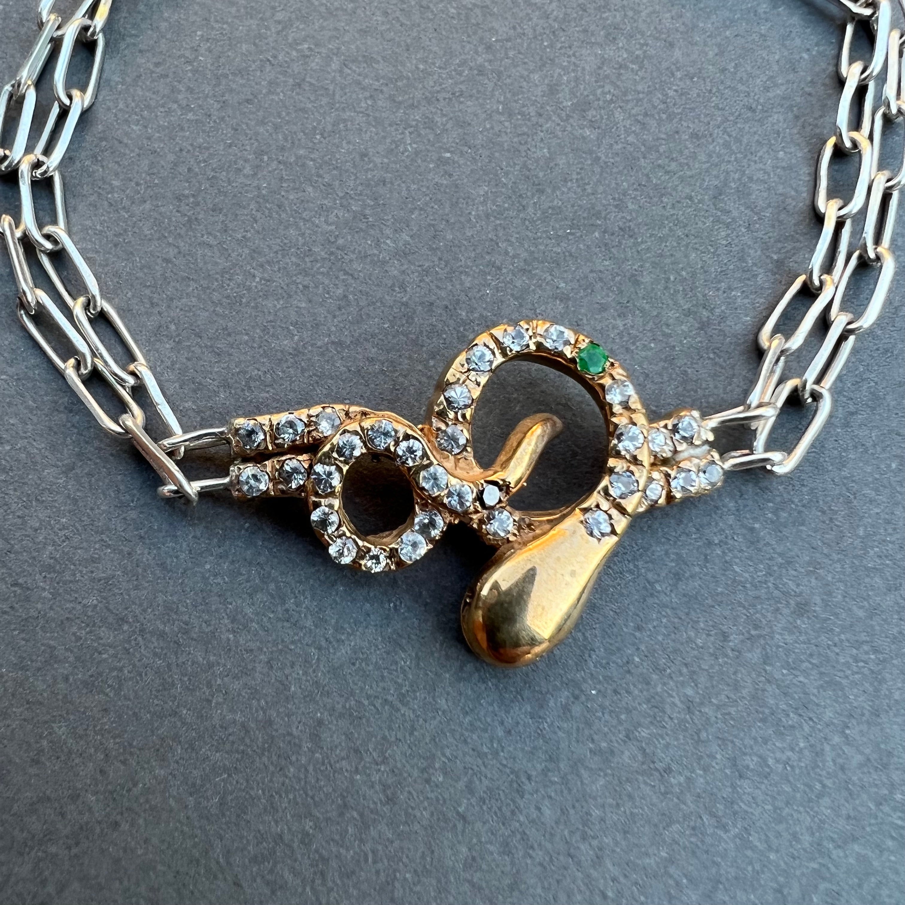 Contemporain Bracelet serpent en argent avec chaîne en bronze, diamant blanc, émeraude, diamant noir et rubis en vente