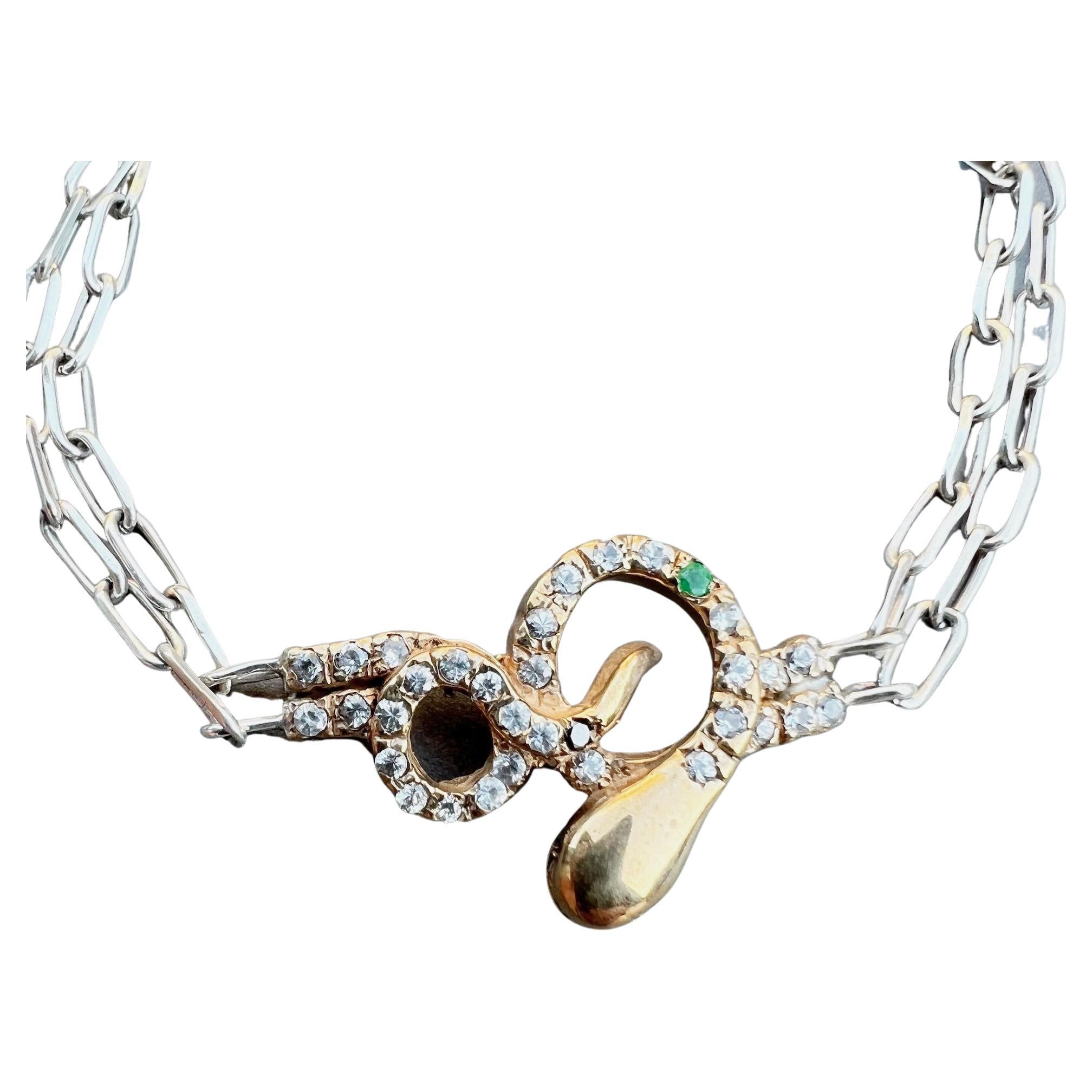Taille ronde Bracelet serpent en argent avec chaîne en bronze, diamant blanc, émeraude, diamant noir et rubis en vente