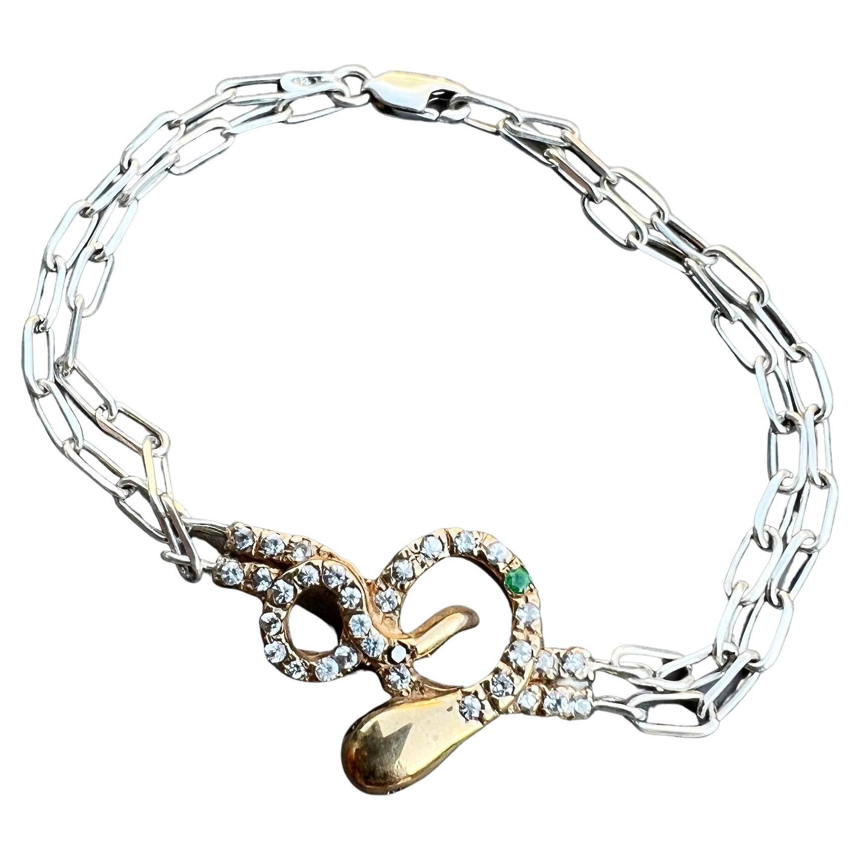 Bracelet serpent en argent avec chaîne en bronze, diamant blanc, émeraude, diamant noir et rubis