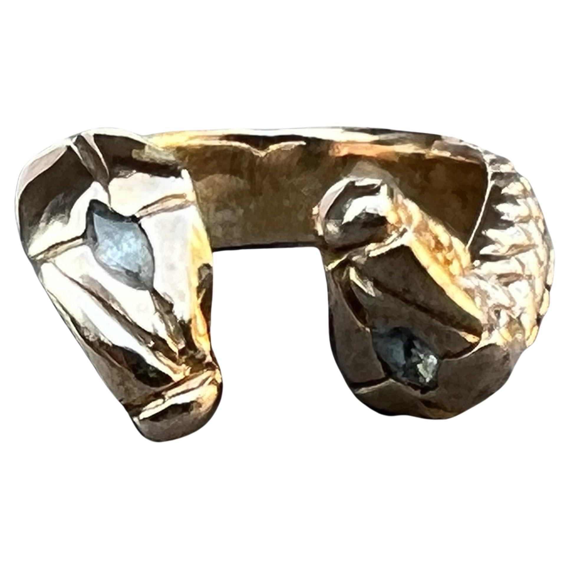 Verstellbarer Cocktail-Bronze-Ring mit Aquamarin-Doppelschlangenkopf, J Dauphin im Angebot