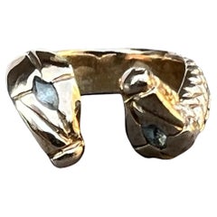 Verstellbarer Cocktail-Bronze-Ring mit Aquamarin-Doppelschlangenkopf, J Dauphin