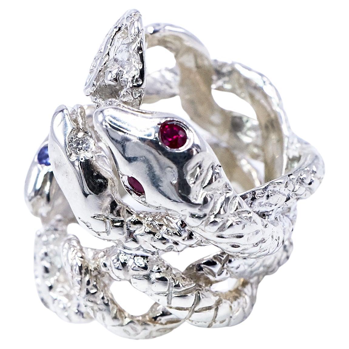 Snake Ring Statement Silver Cocktail Ring White Diamond Ruby Tanzanite J Dauphin For Sale