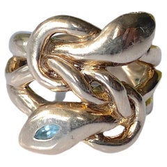 Cocktail-Ring mit Aquamarin, Smaragd, Rubin und Schlangen in Gold und Vermeil, J Dauphin