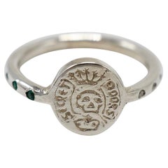 Antique Crest Signet Ring Sterling Silver Emerald White Diamond Skull J Dauphin