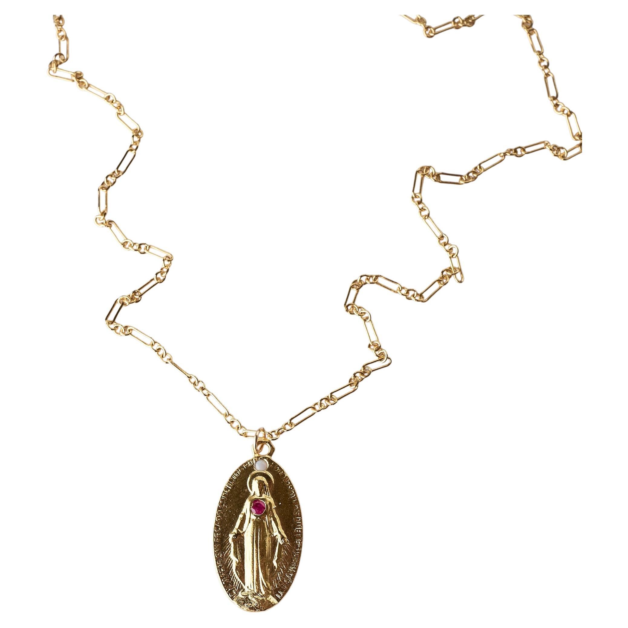Chaîne collier médaille de la Vierge Marie en rubis et opale J Dauphin