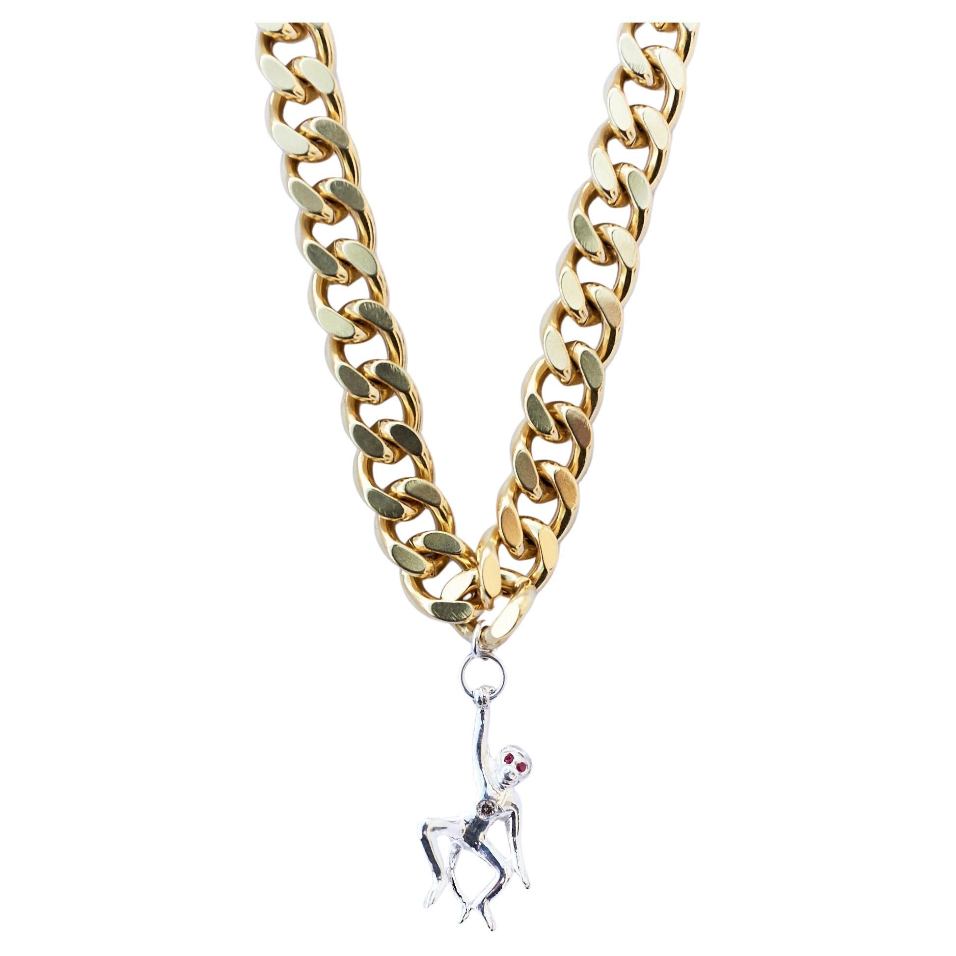 White Diamond Ruby Monkey Silver Choker Chain Necklace 16