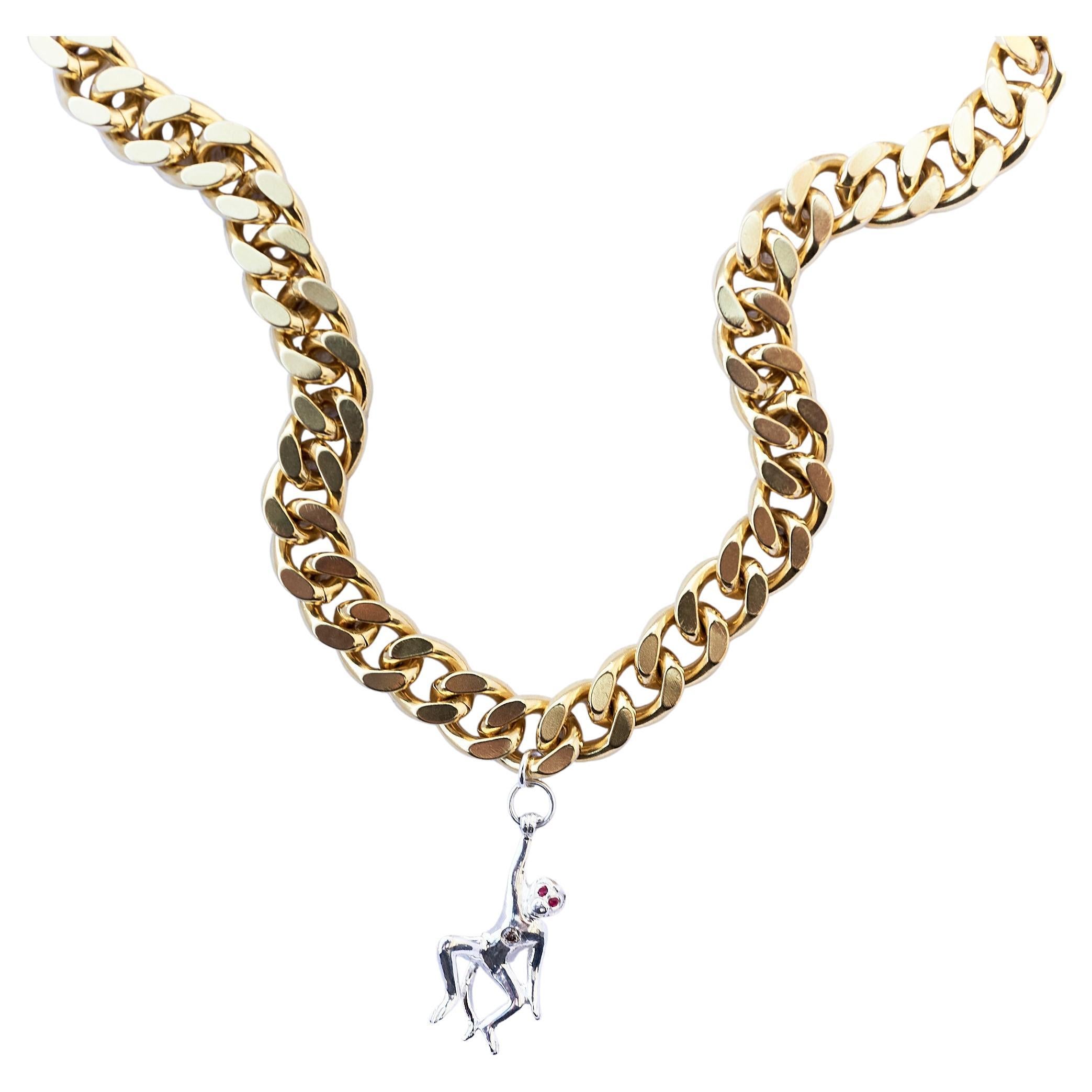 White Diamond Ruby Monkey Silver Choker Chain Necklace J Dauphin For Sale