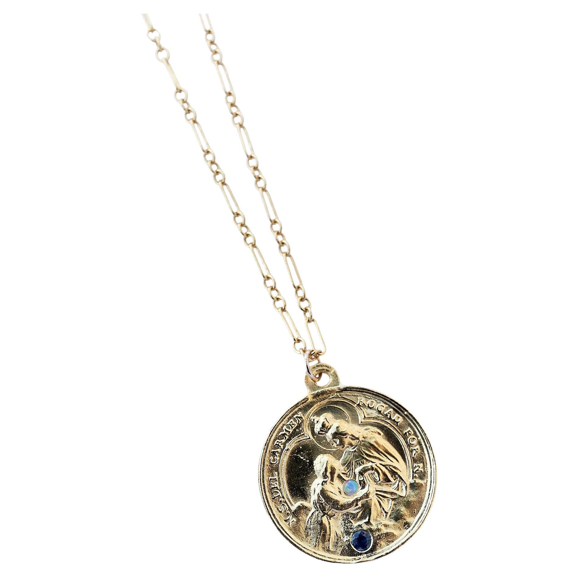 Chaîne collier médaille de la Vierge Marie J Dauphin en opale et tourmaline bleue