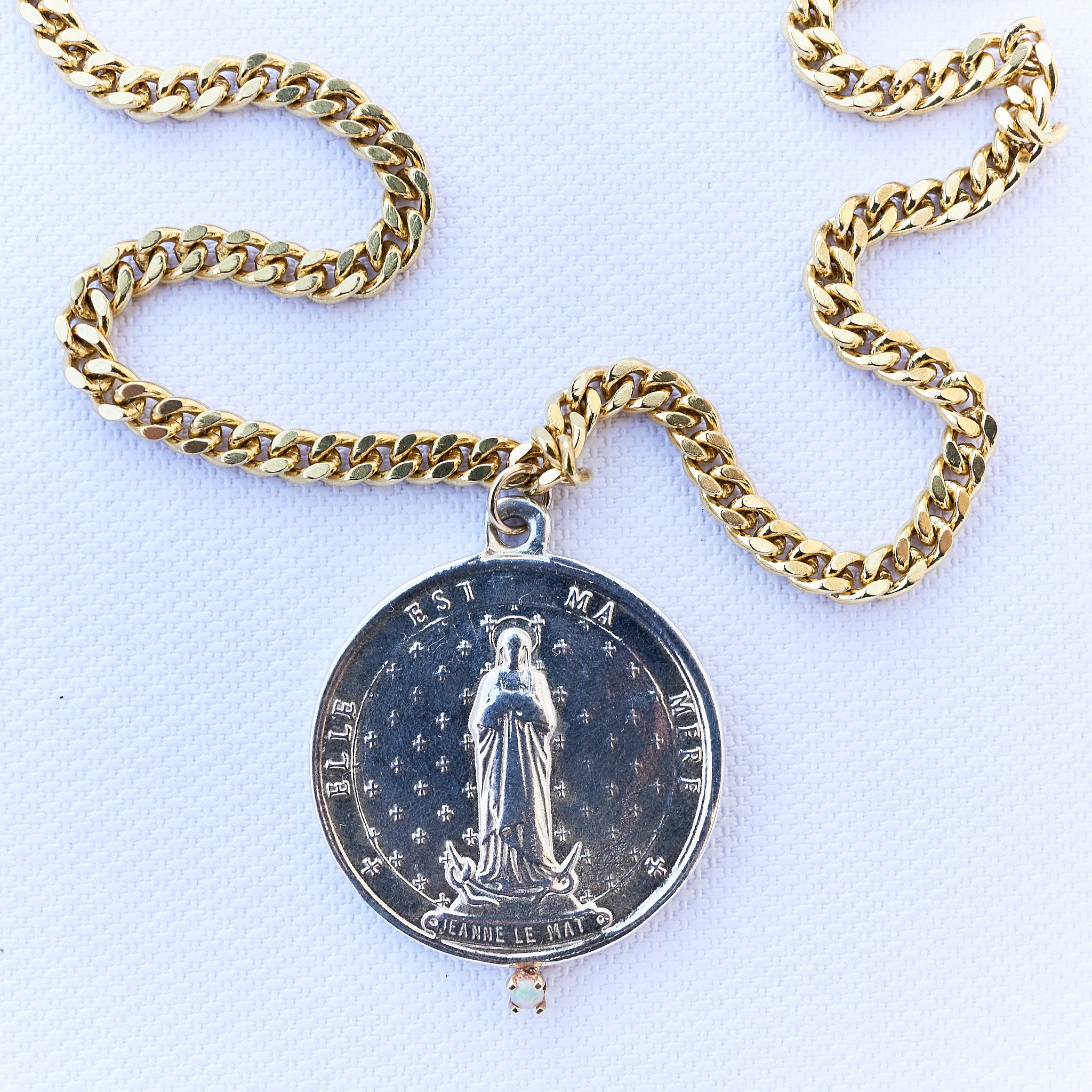 Opal Silver Medal Saint Long Chain Necklace  28