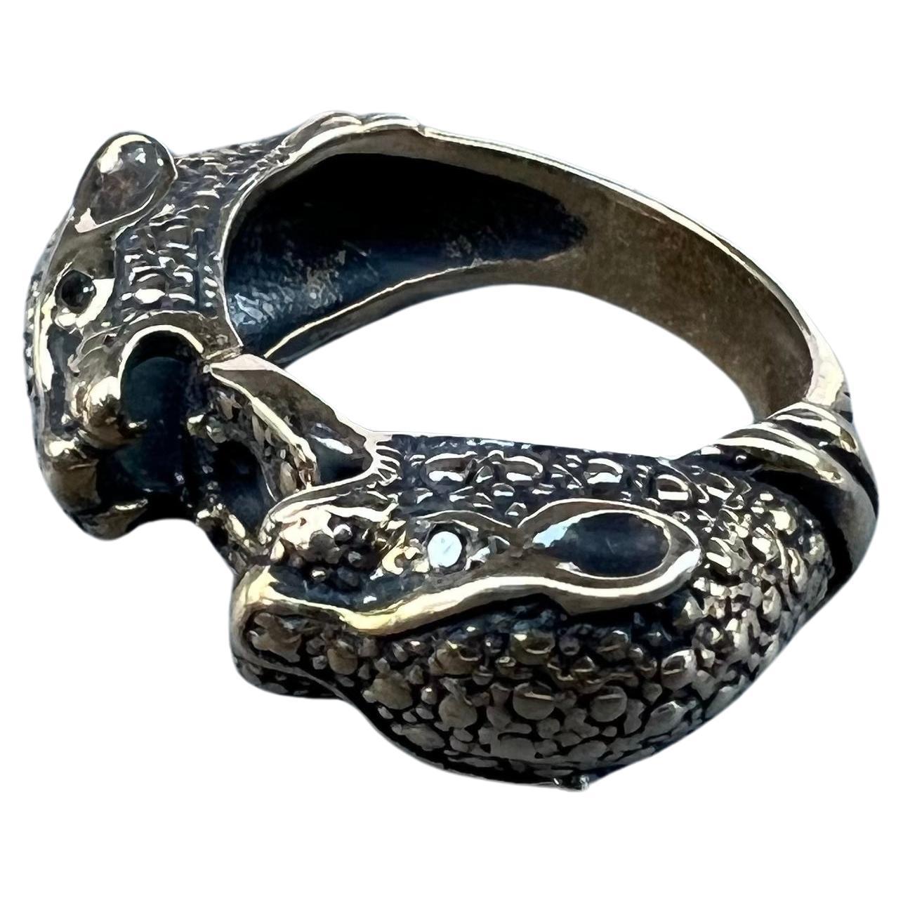 Brilliant Cut Antiqued Black Diamond Panther Ring Jaguar Double Head Animal Ring J Dauphin