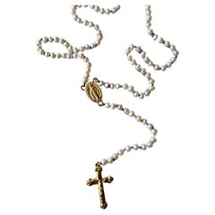 Rosario Necklace Cross Crucifix Virgin Mary Gold White Pearl Religious Spiritual