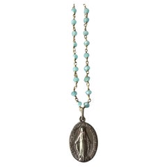 Medal Necklace Rosario Chain Virgin Mary Beads Turquoise French Vintage