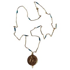 Blue Enamel Necklace Medal Egyptian Opal Heart Spanish Carmel