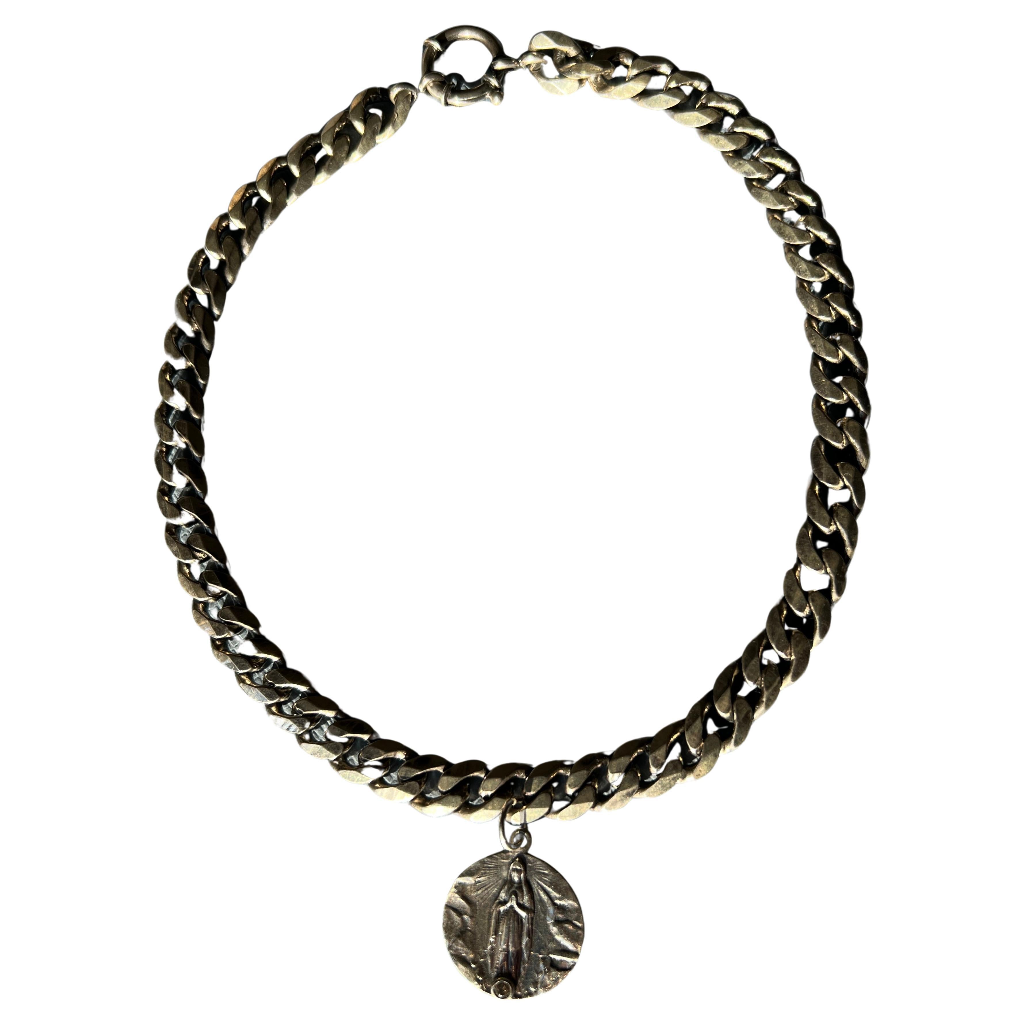 White Diamond Medal Silver Virgin Mary Choker Chain Necklace