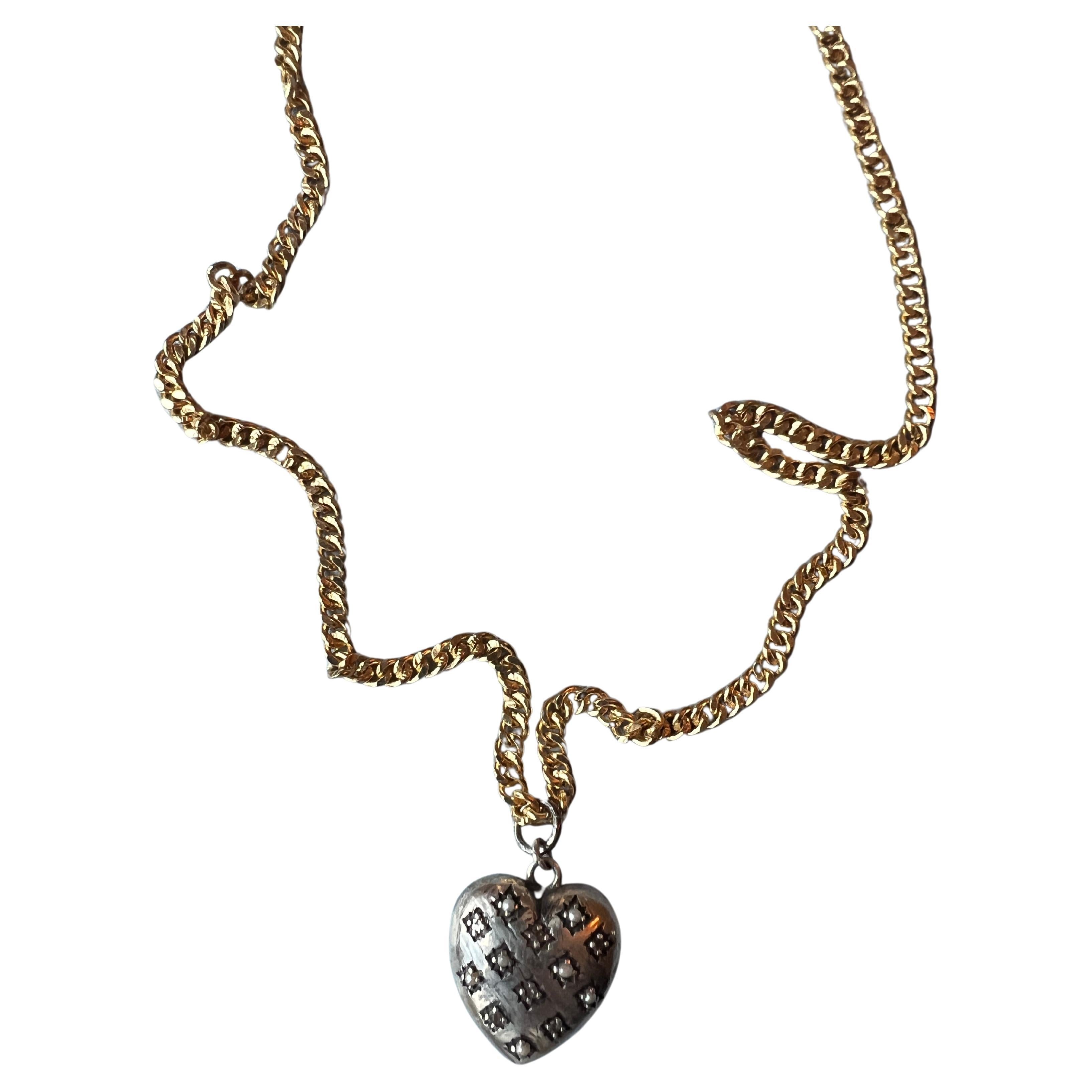Silver Heart Long Necklace White Diamond White Pearl