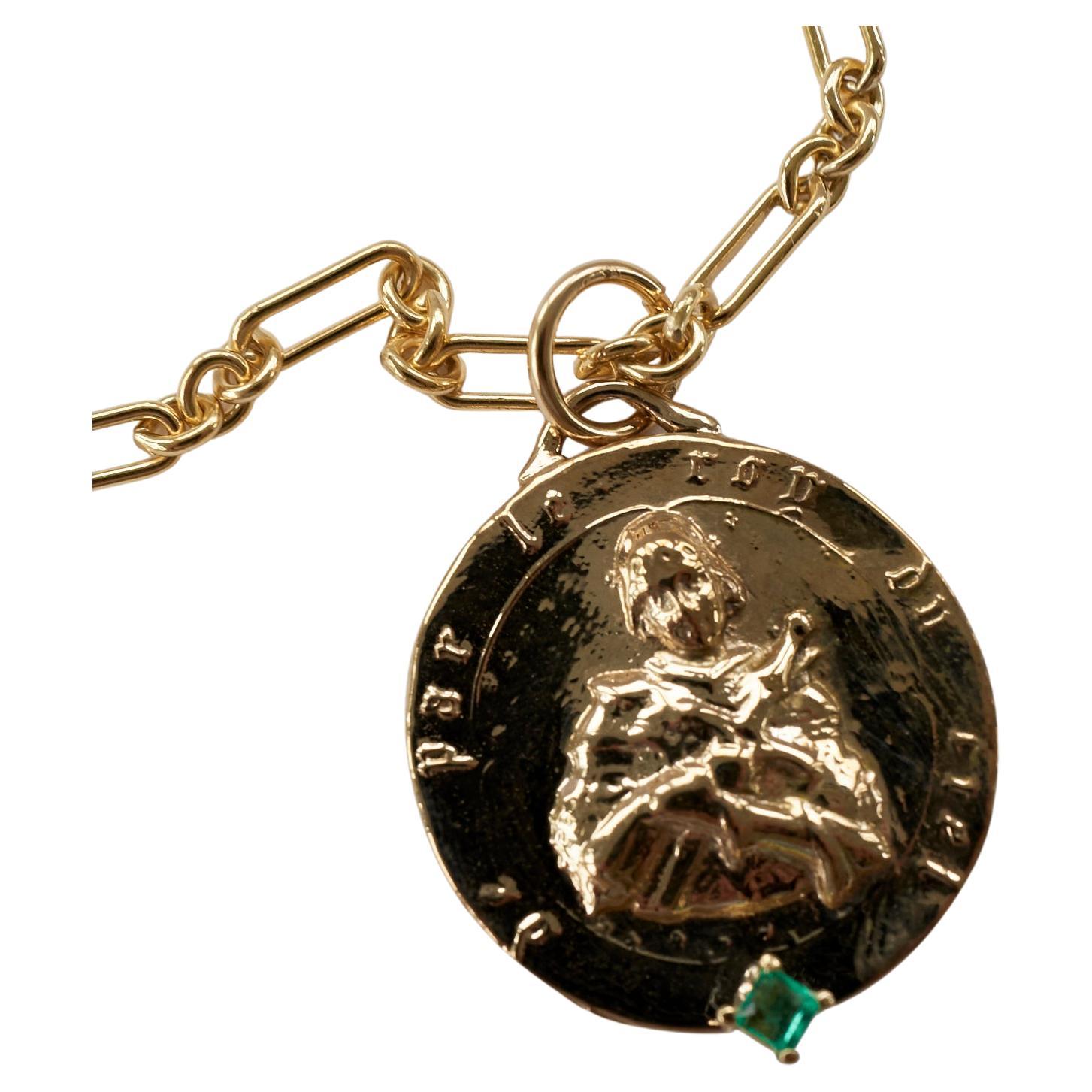 Square Emerald Joan of Arc Medal Chain Necklace