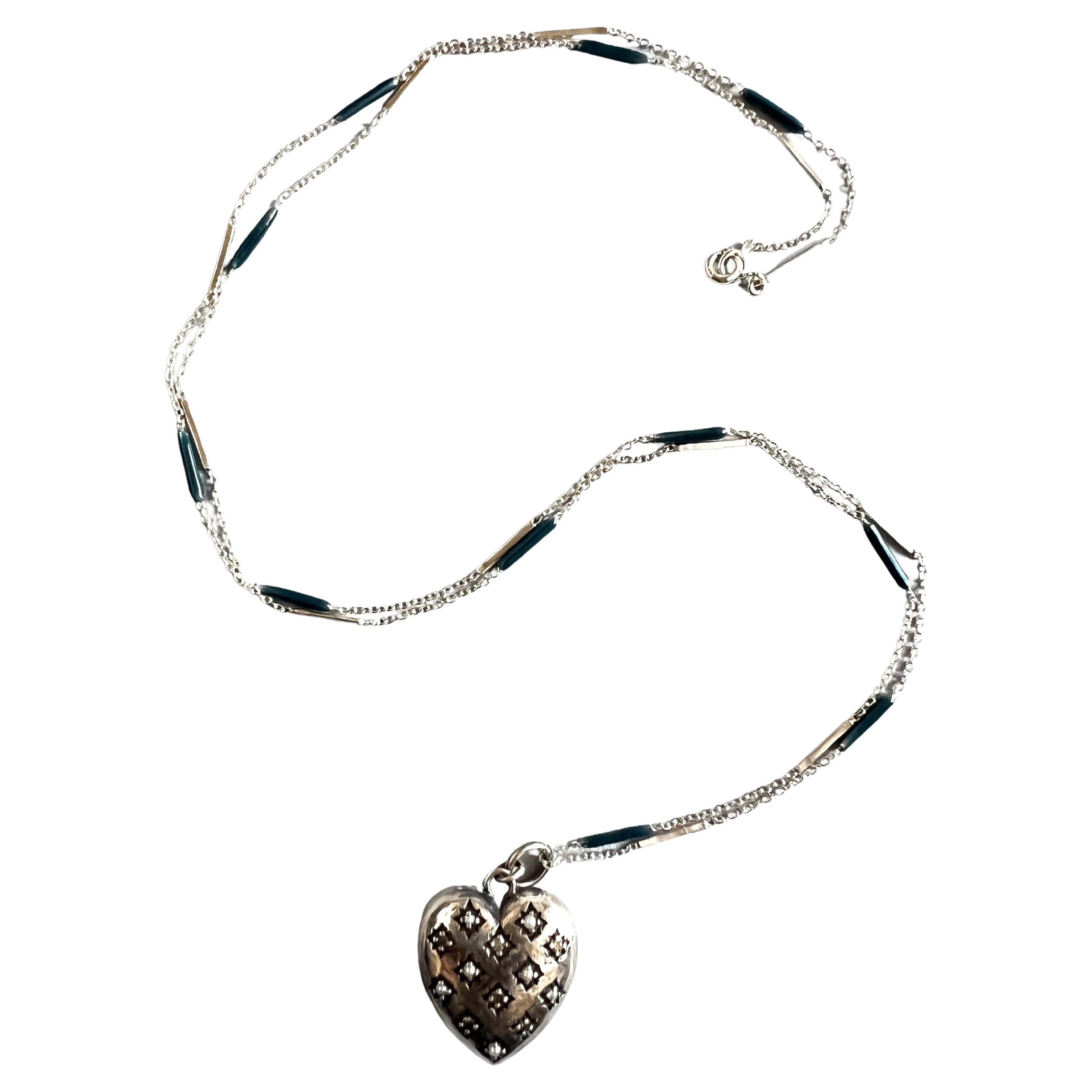 Single Cut Silver Heart Necklace Victorian Style White Diamond Pearl For Sale