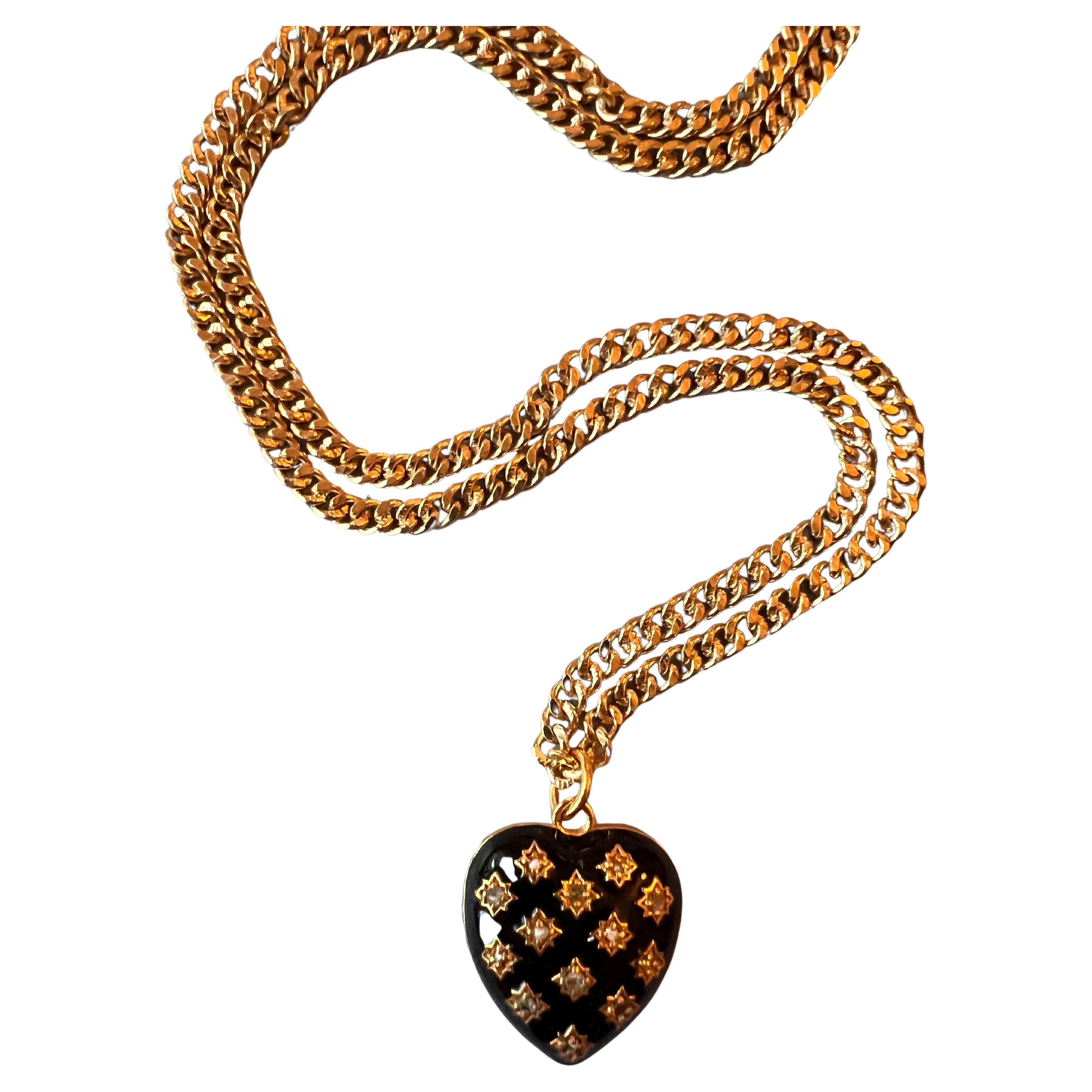 White Diamond Heart Necklace Black Enamel