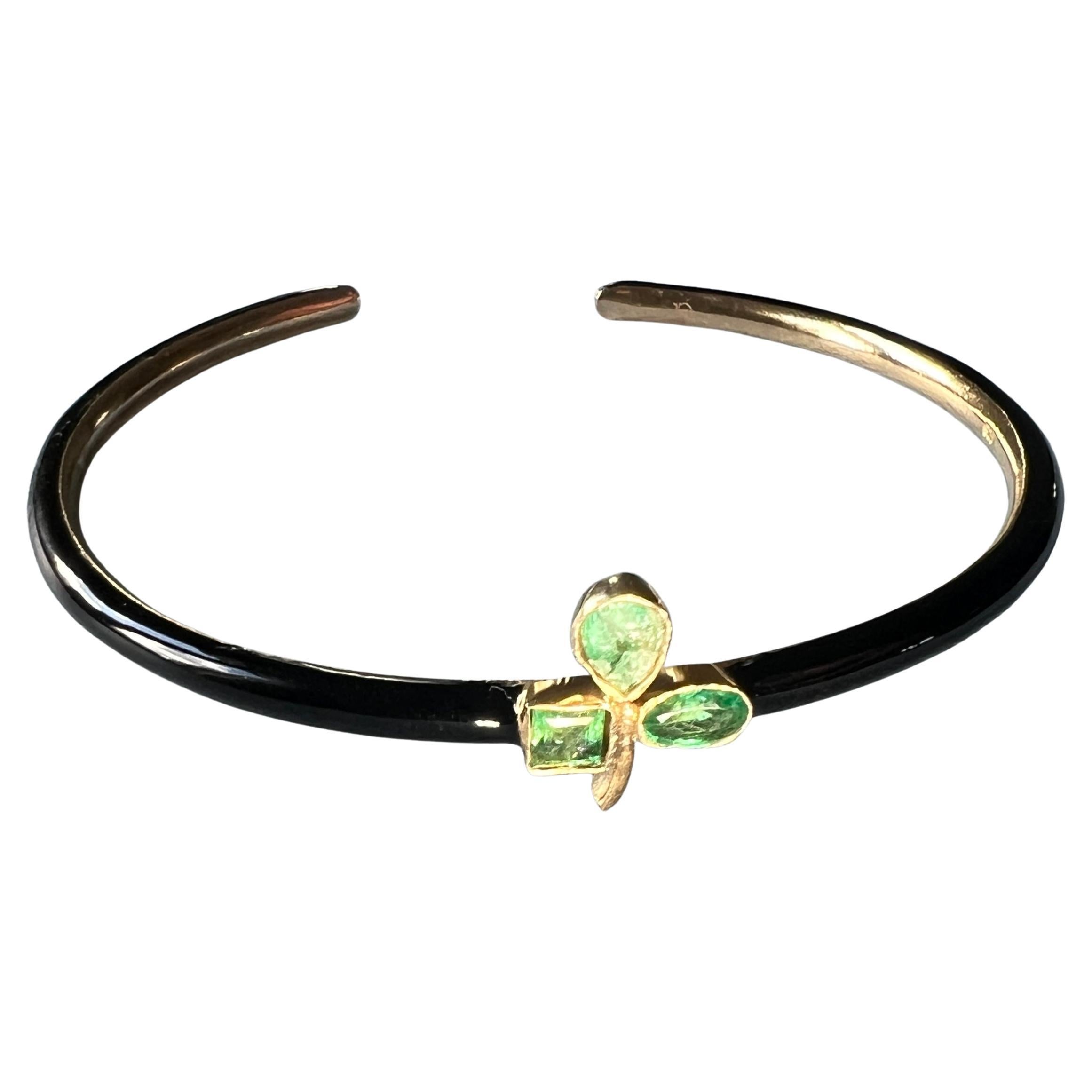 Pulsera Esmeralda Trébol Esmalte Negro en venta 2