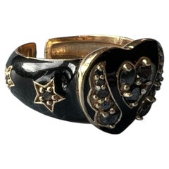 Heart Ring Black Diamond Black Enamel Stars Gold Plated Silver Victorian Revival