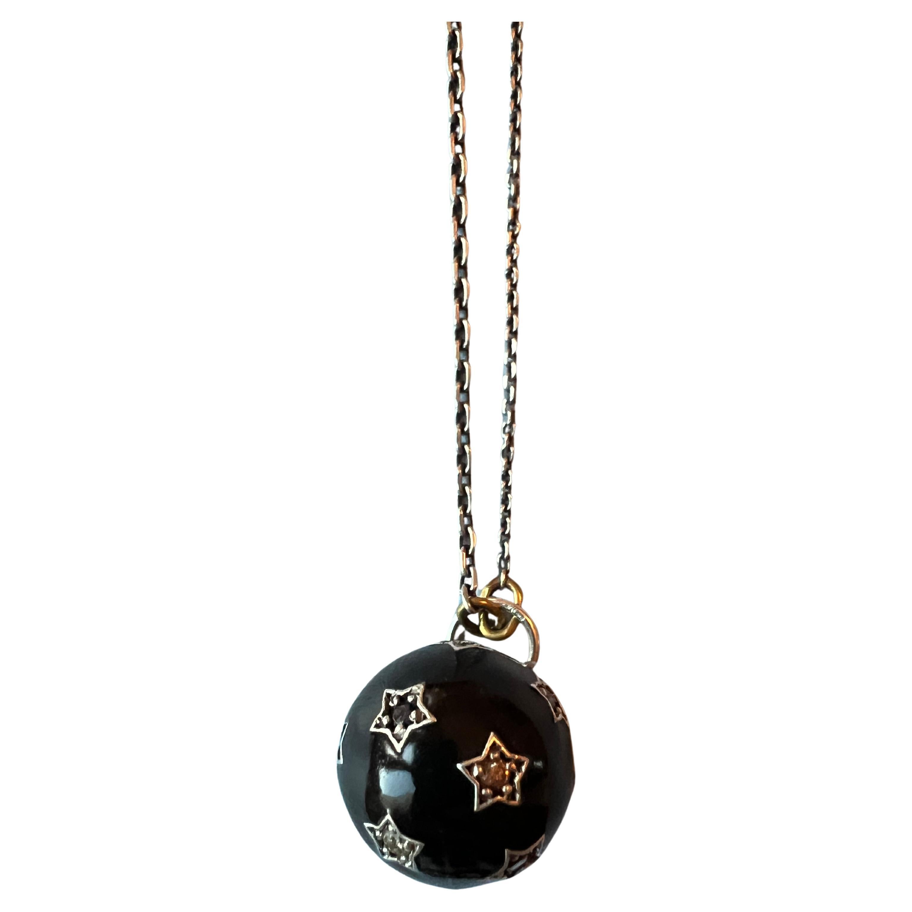 White Diamond Black Diamond Star Pendant Necklace Black Enamel Ball