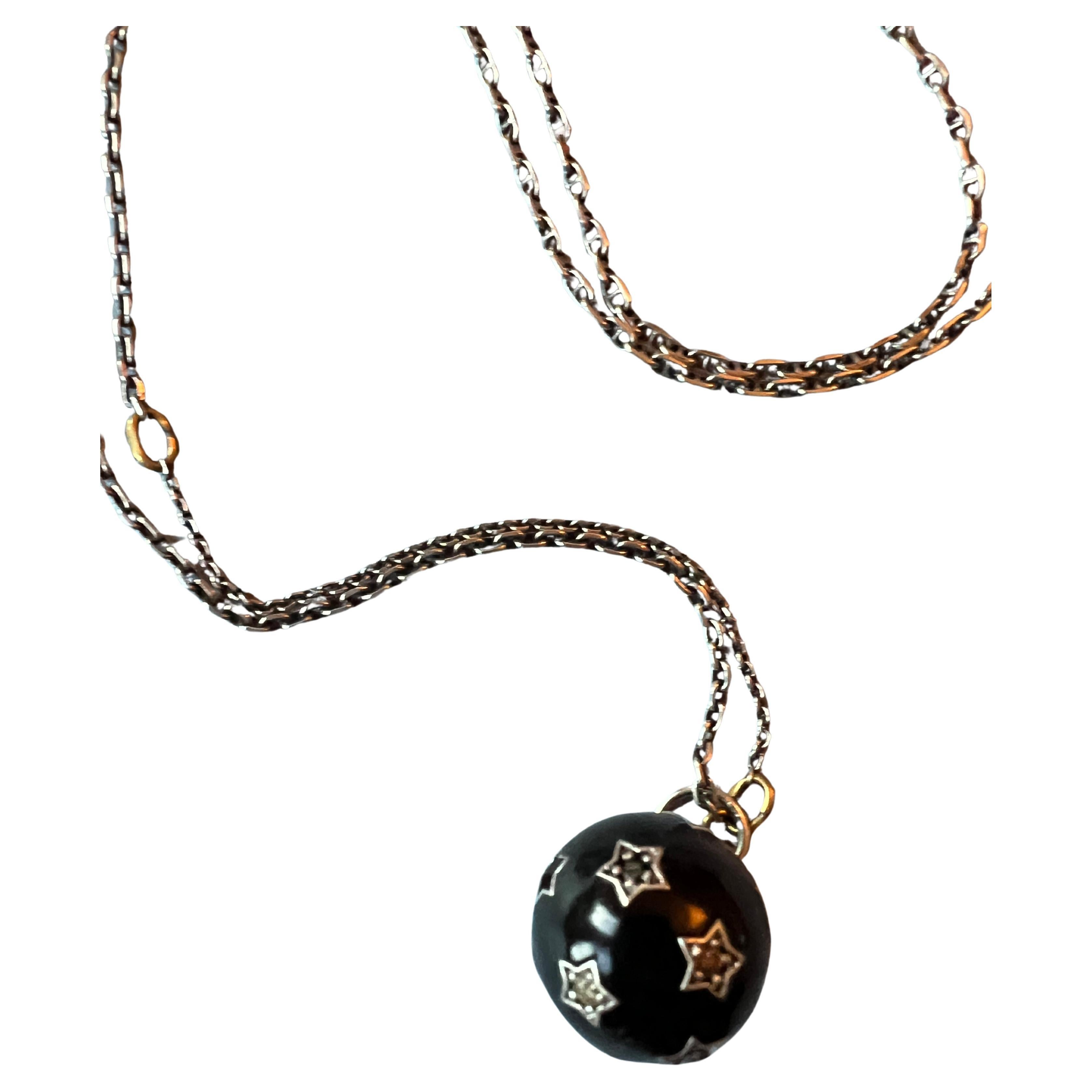 Star Pendant Necklace Black Enamel Orb Black White Diamond Enamel Silver