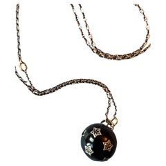 Star Pendant Necklace Black Enamel Orb Black White Diamond Enamel Silver