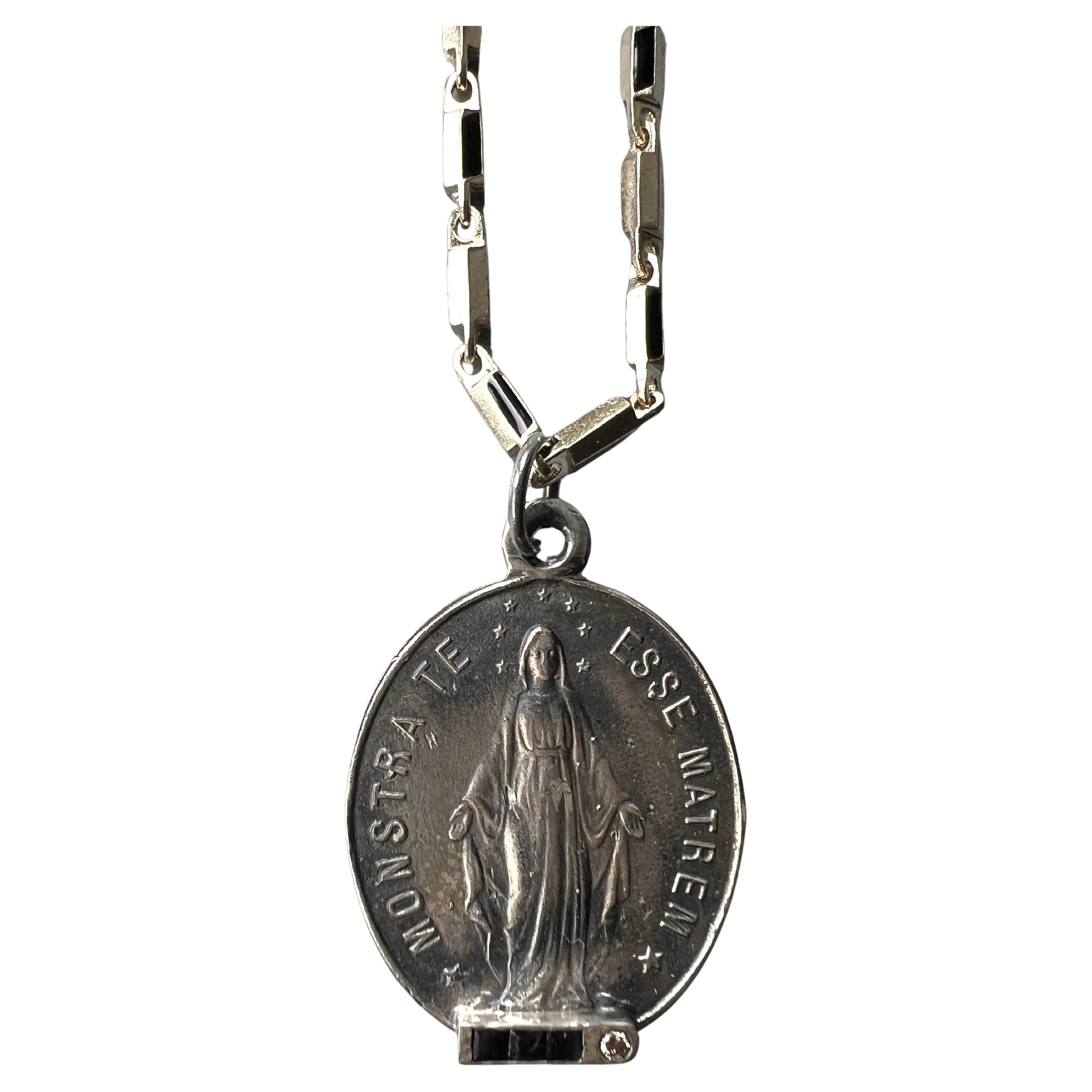 Blue Sapphire White Diamond Virgin Mary Medal Necklace Silver