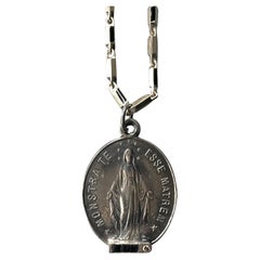 Blue Sapphire White Diamond Virgin Mary Medal Necklace Silver