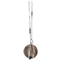 French Virgin Mary Silver Medal Black Diamond Blue Enamel Chain