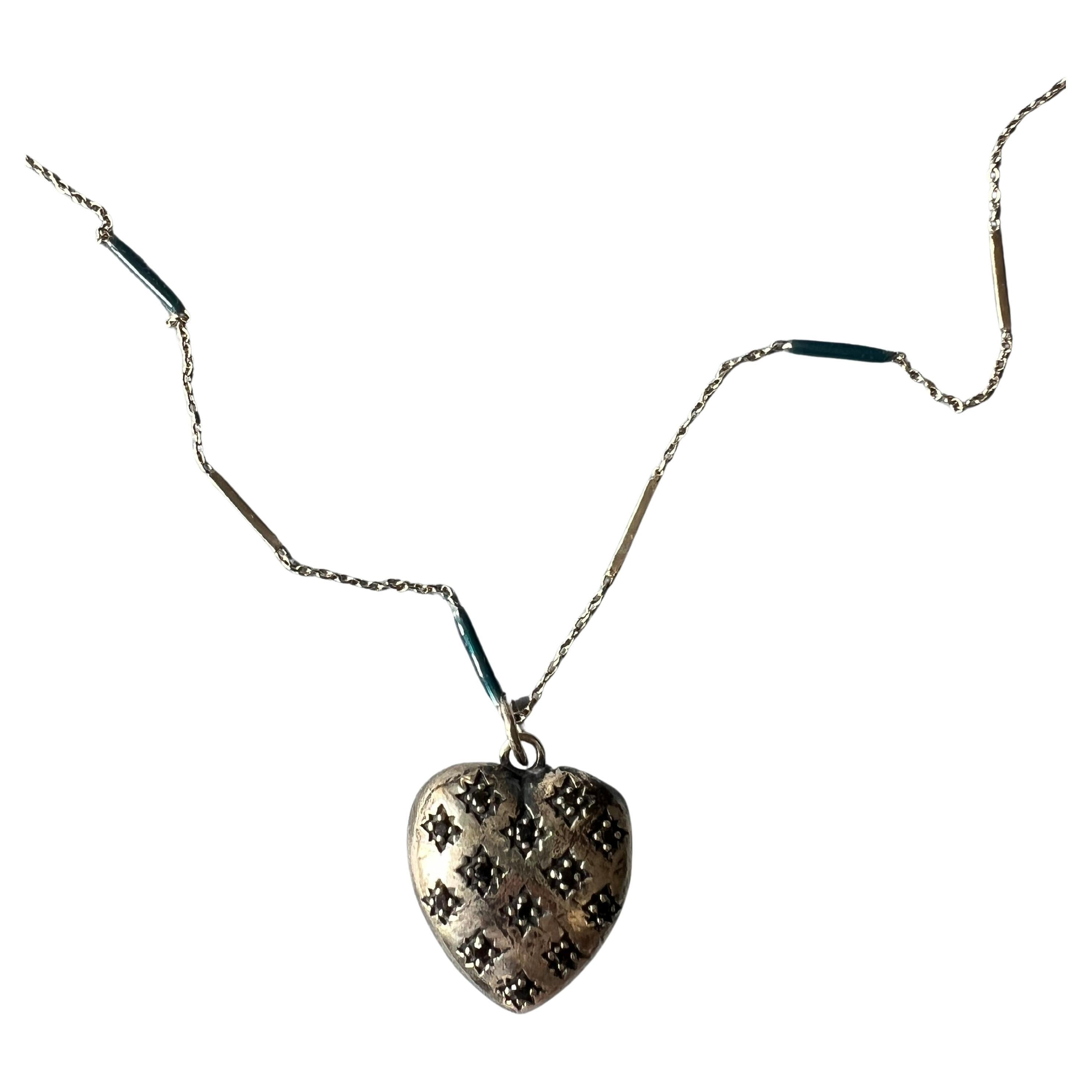 Collar Colgante Corazón Diamante Negro Plata Esmalte Azul