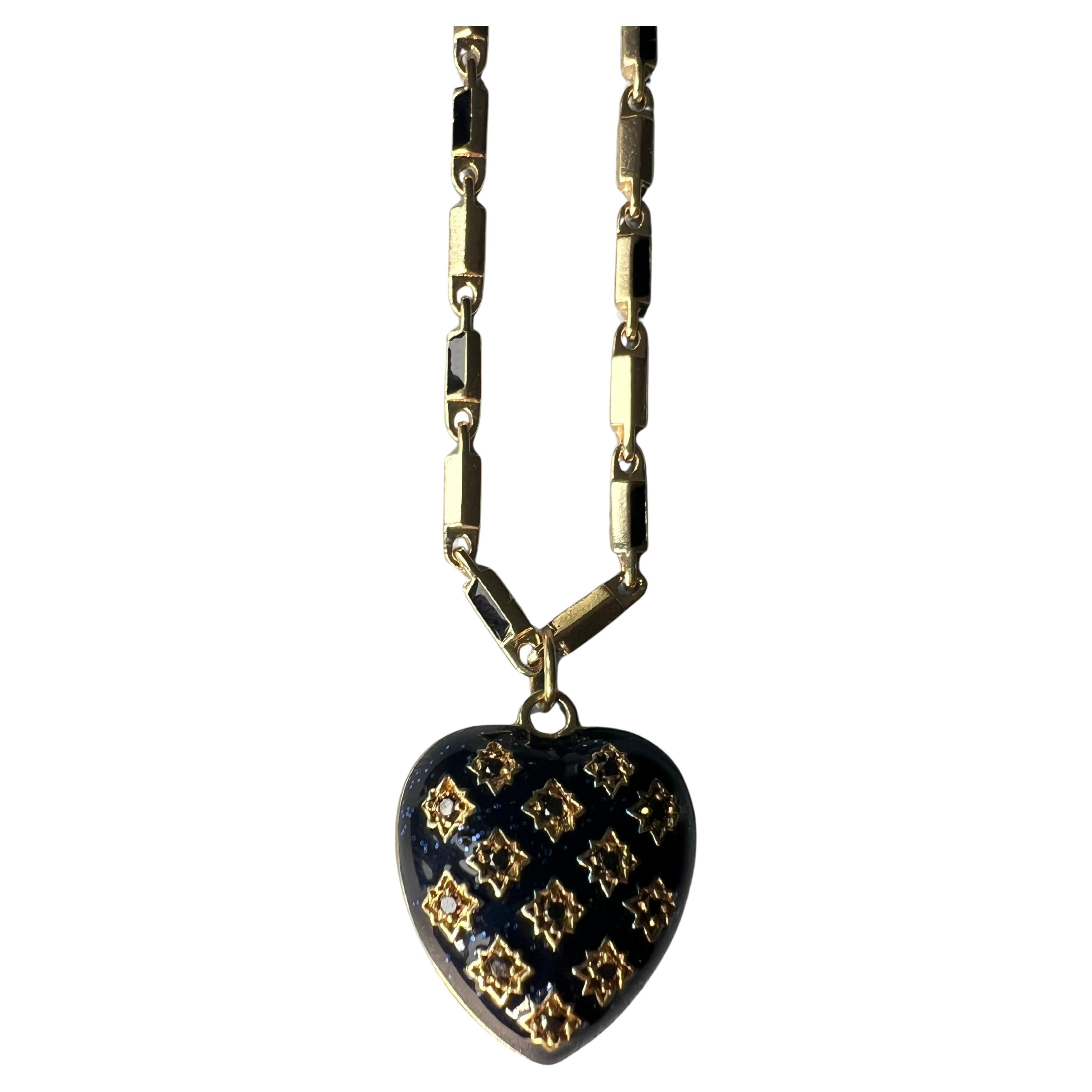 Collar Cadena Colgante Corazón Diamante Negro Esmalte Azul