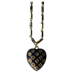 Black Diamond Heart Pendant Chain Necklace Blue Enamel