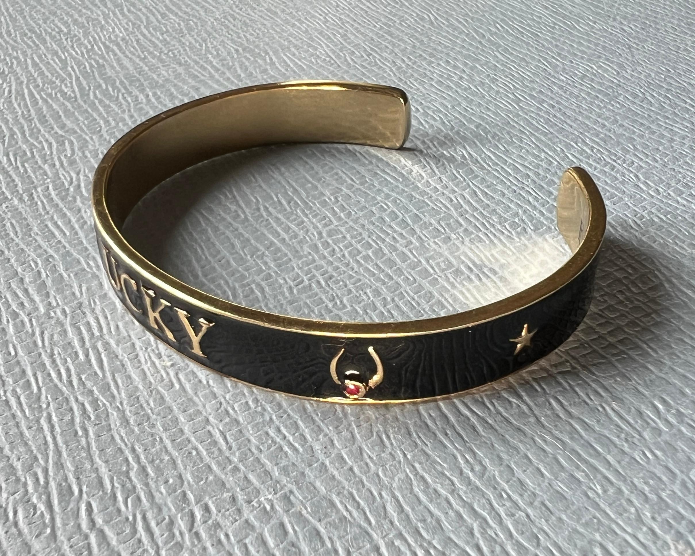 Women's Ruby Lucky Horseshoe Cuff Bracelet Black Enamel For Sale