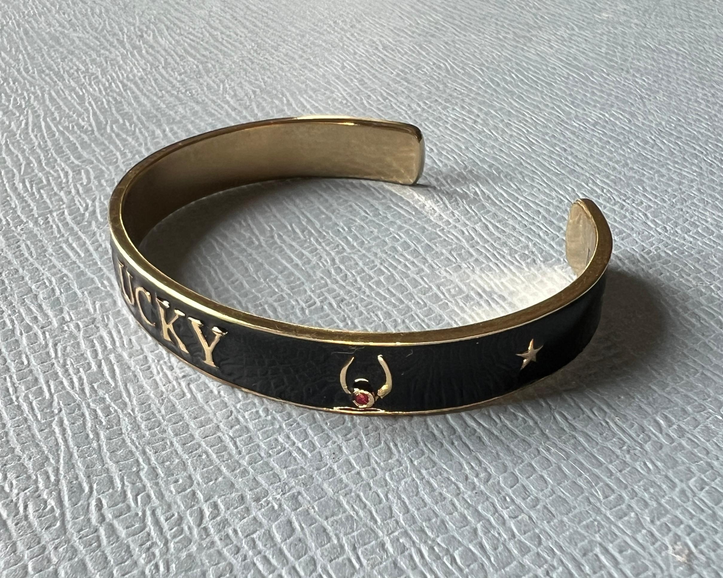 Ruby Lucky Horseshoe Cuff Bracelet Black Enamel In New Condition For Sale In Los Angeles, CA