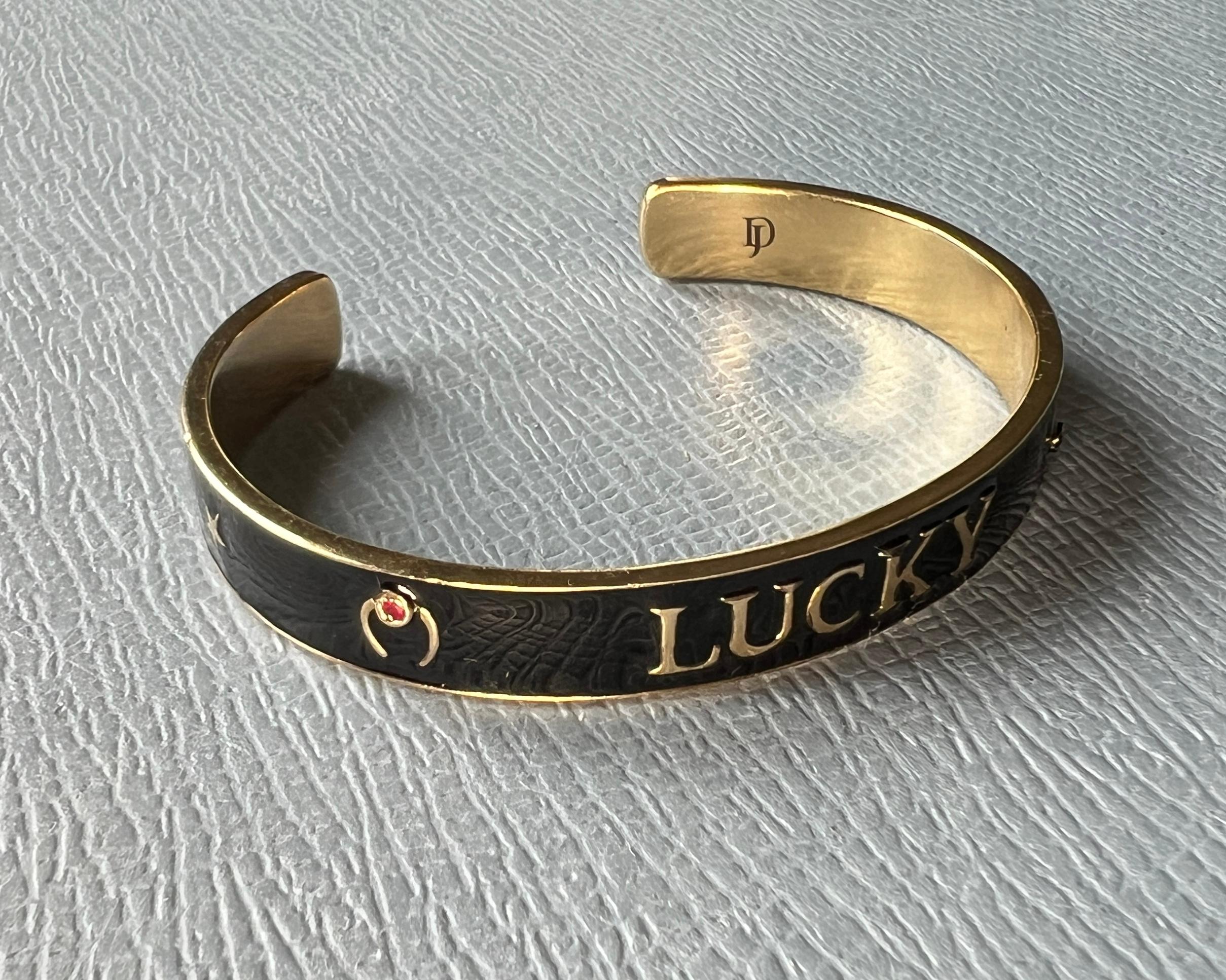 Ruby Lucky Horseshoe Cuff Bracelet Black Enamel For Sale 3