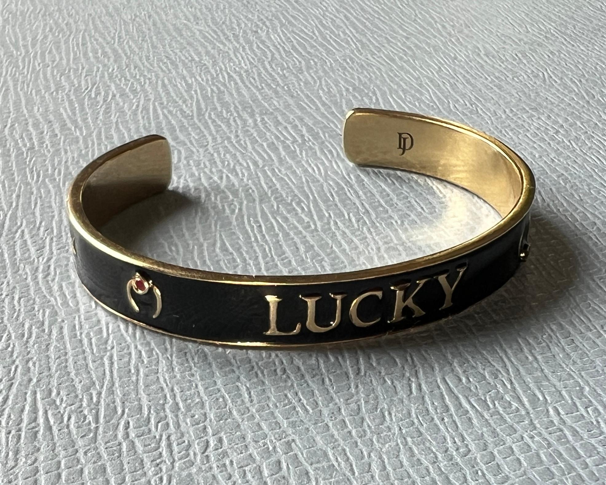 Ruby Lucky Horseshoe Cuff Bracelet Black Enamel For Sale 5