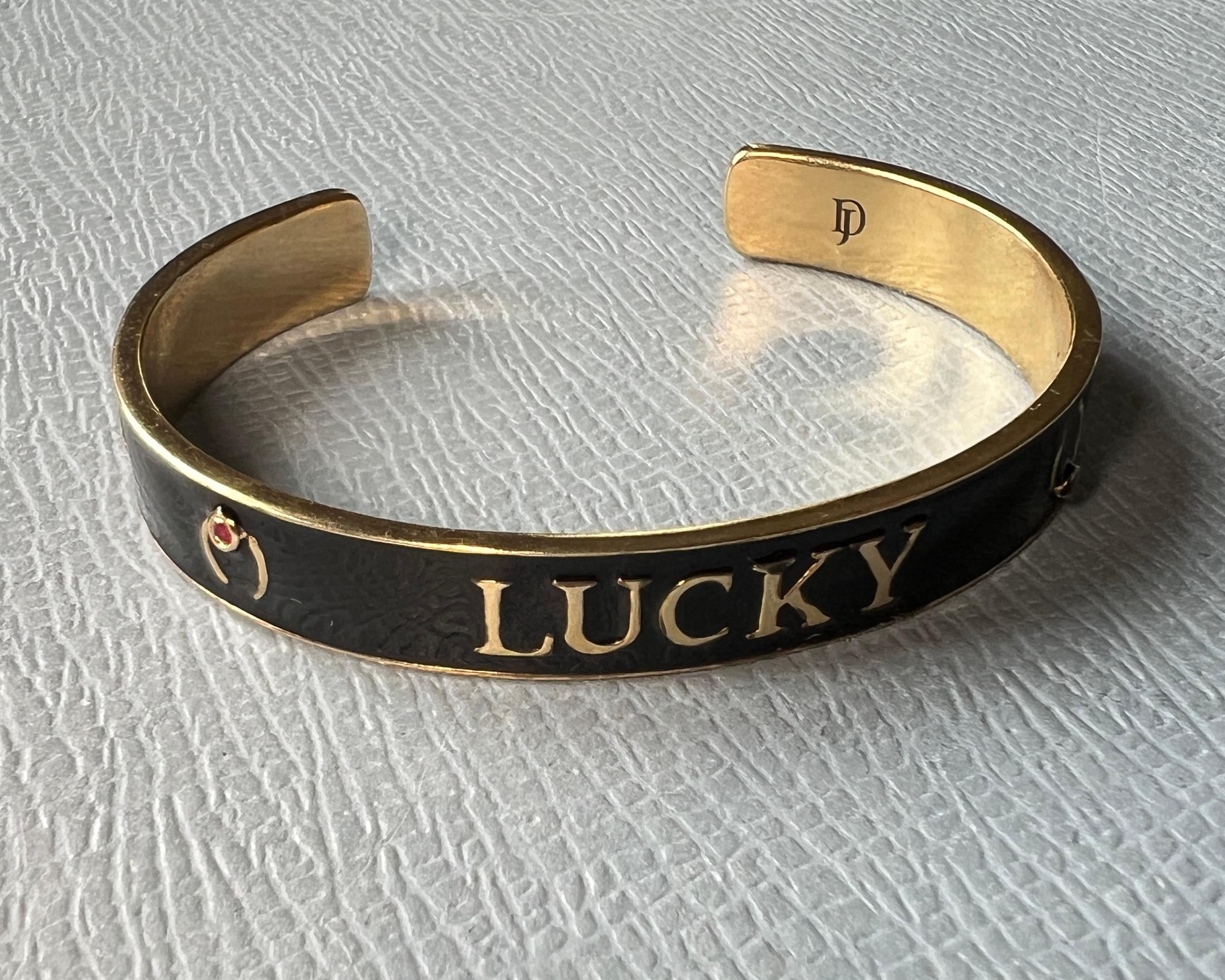 Ruby Lucky Horseshoe Cuff Bracelet Black Enamel For Sale 7
