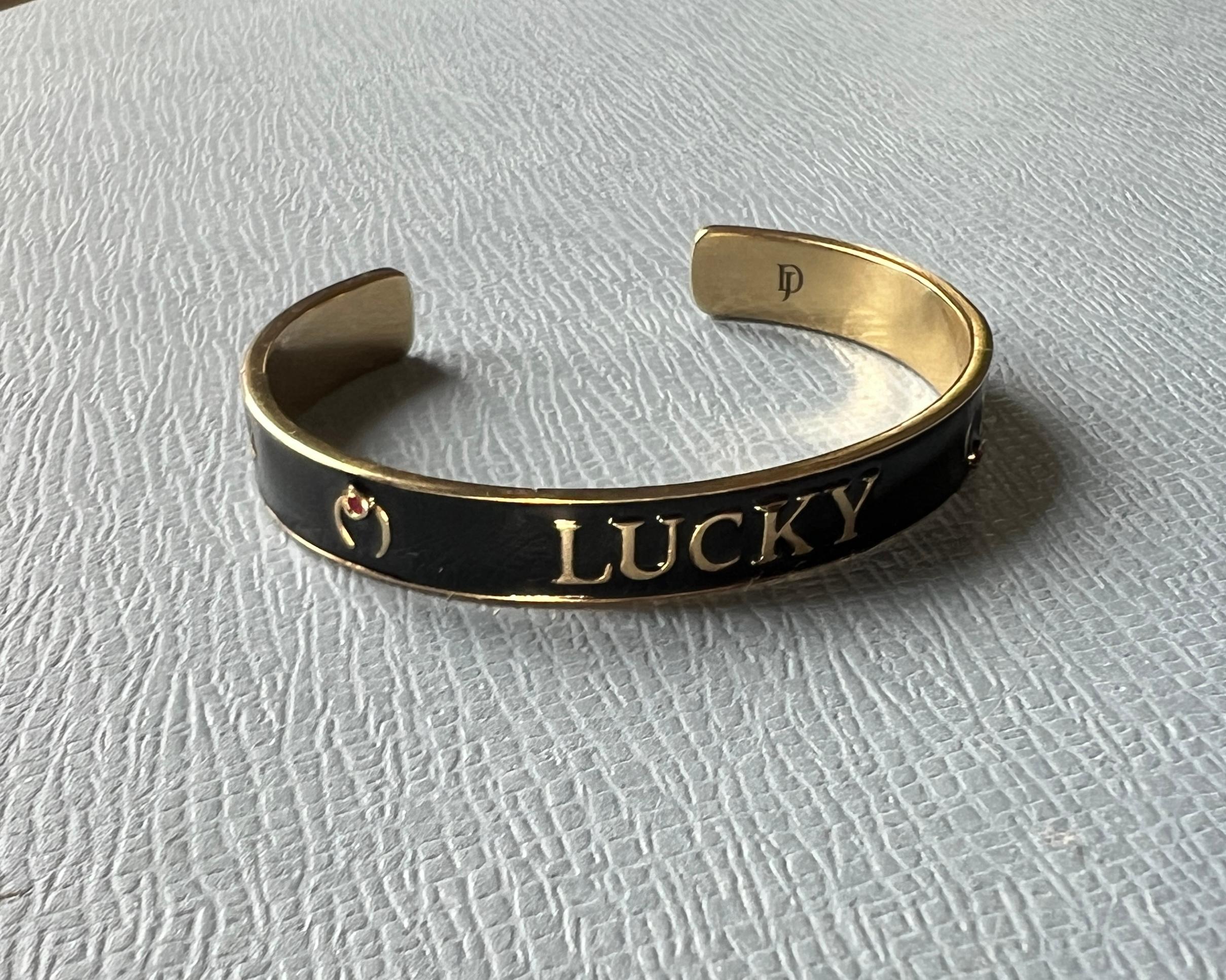 Ruby Lucky Horseshoe Cuff Bracelet Black Enamel For Sale 4
