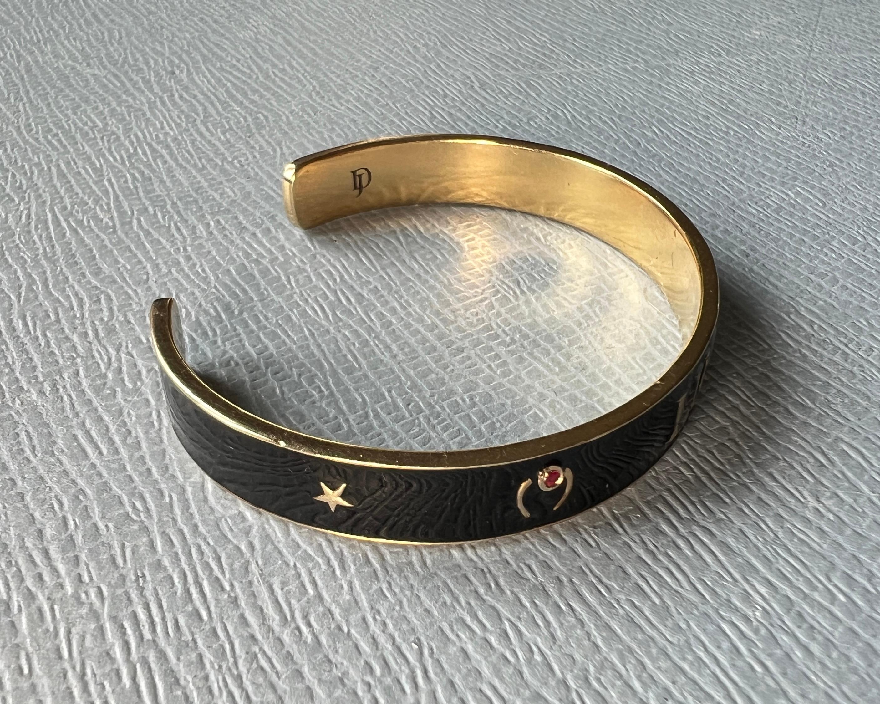 Ruby Lucky Horseshoe Cuff Bracelet Black Enamel For Sale 6