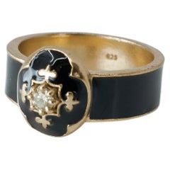 Black Enamel Ring French Lily White Diamond Pure Size US 7