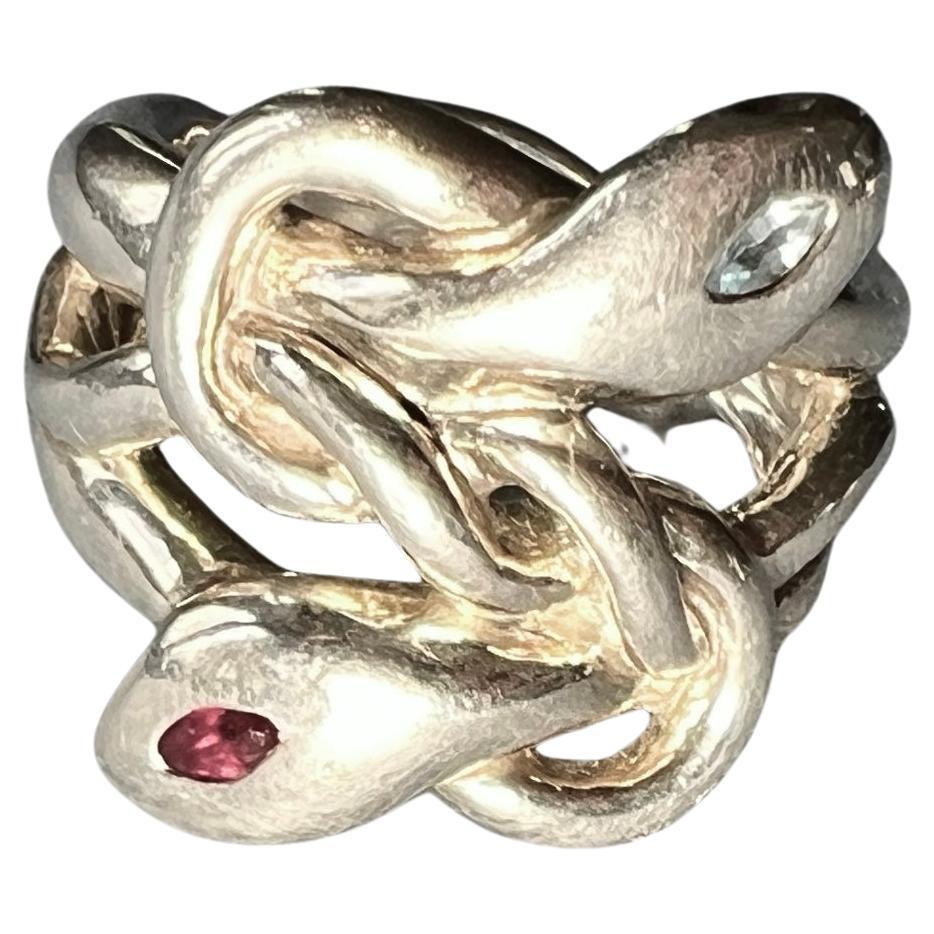 Anello Serpente Argento Acquamarina Rubino in vendita